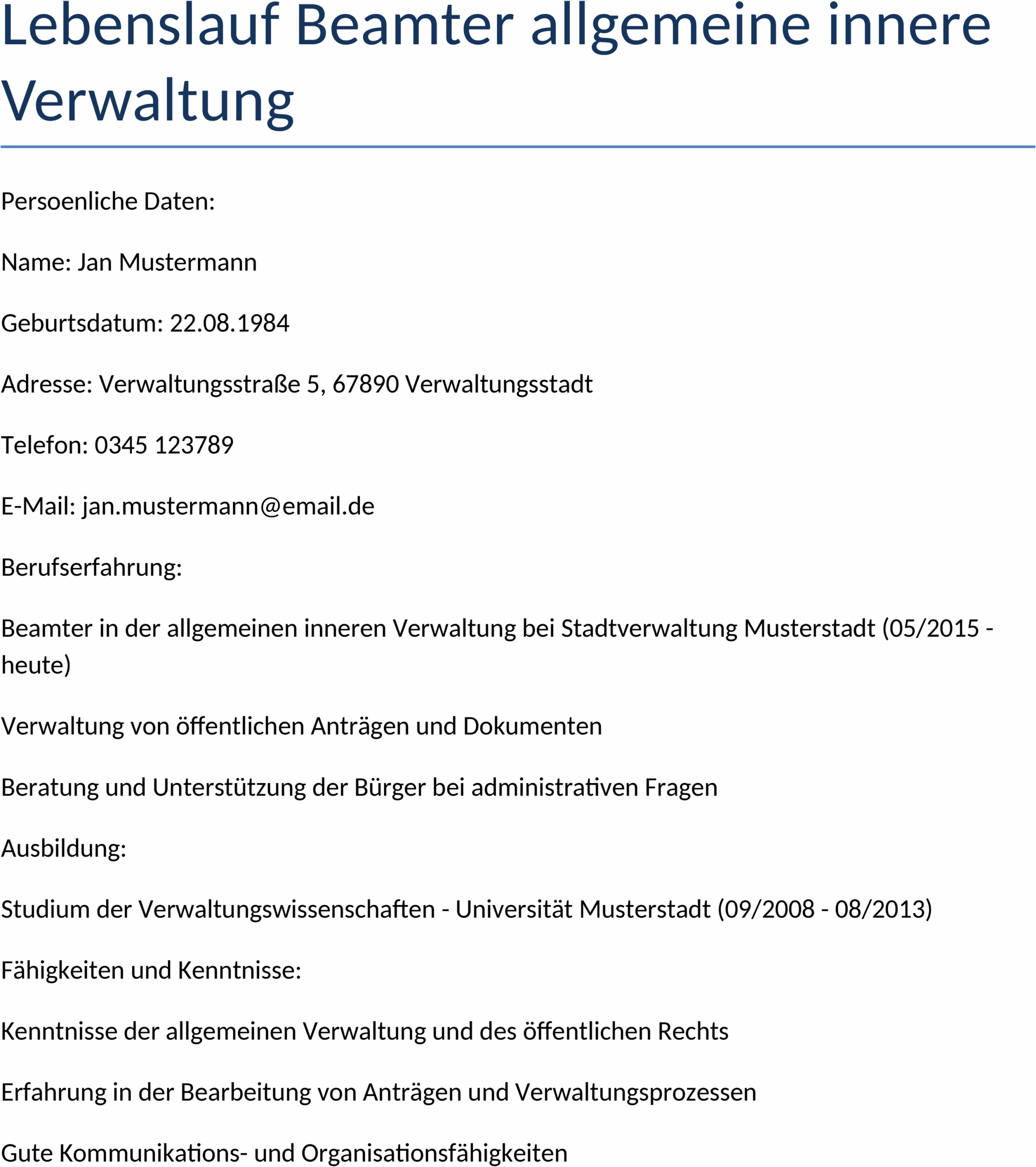 Lebenslauf Beamter allgemeine innere Verwaltung Docx