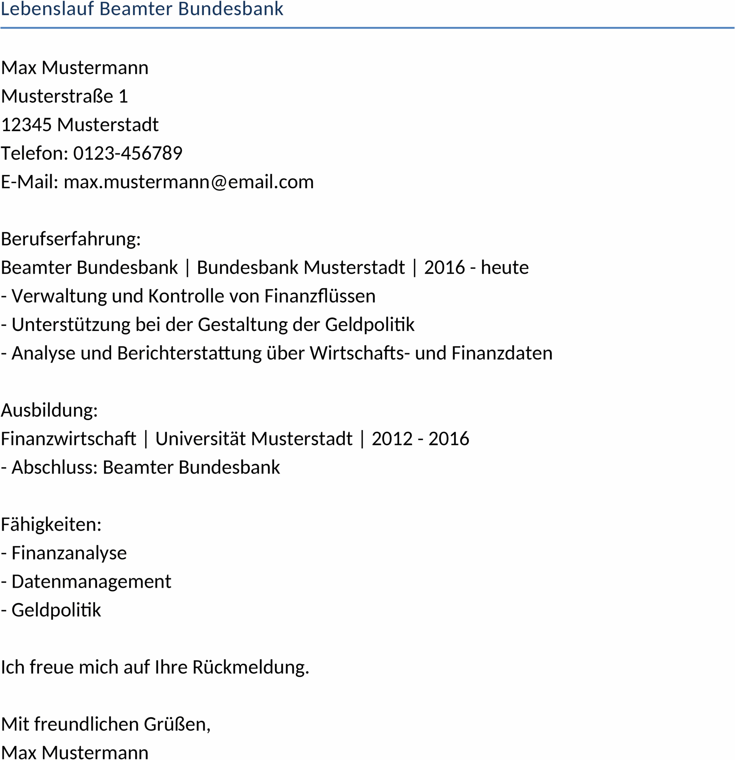Lebenslaufvorlage Beamter Bundesbank Word