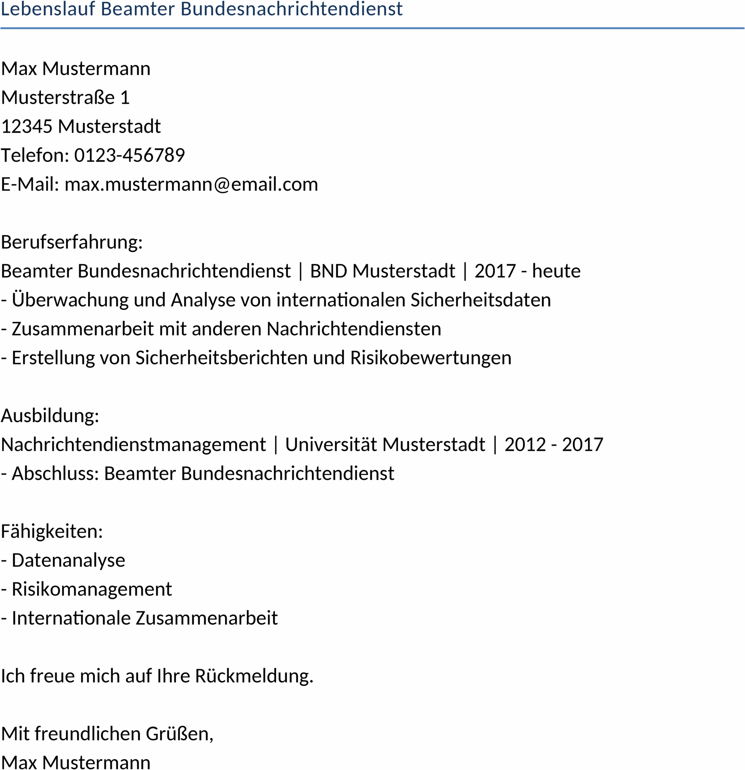 Lebenslauf Beamter Bundesnachrichtendienst Word-Dokument