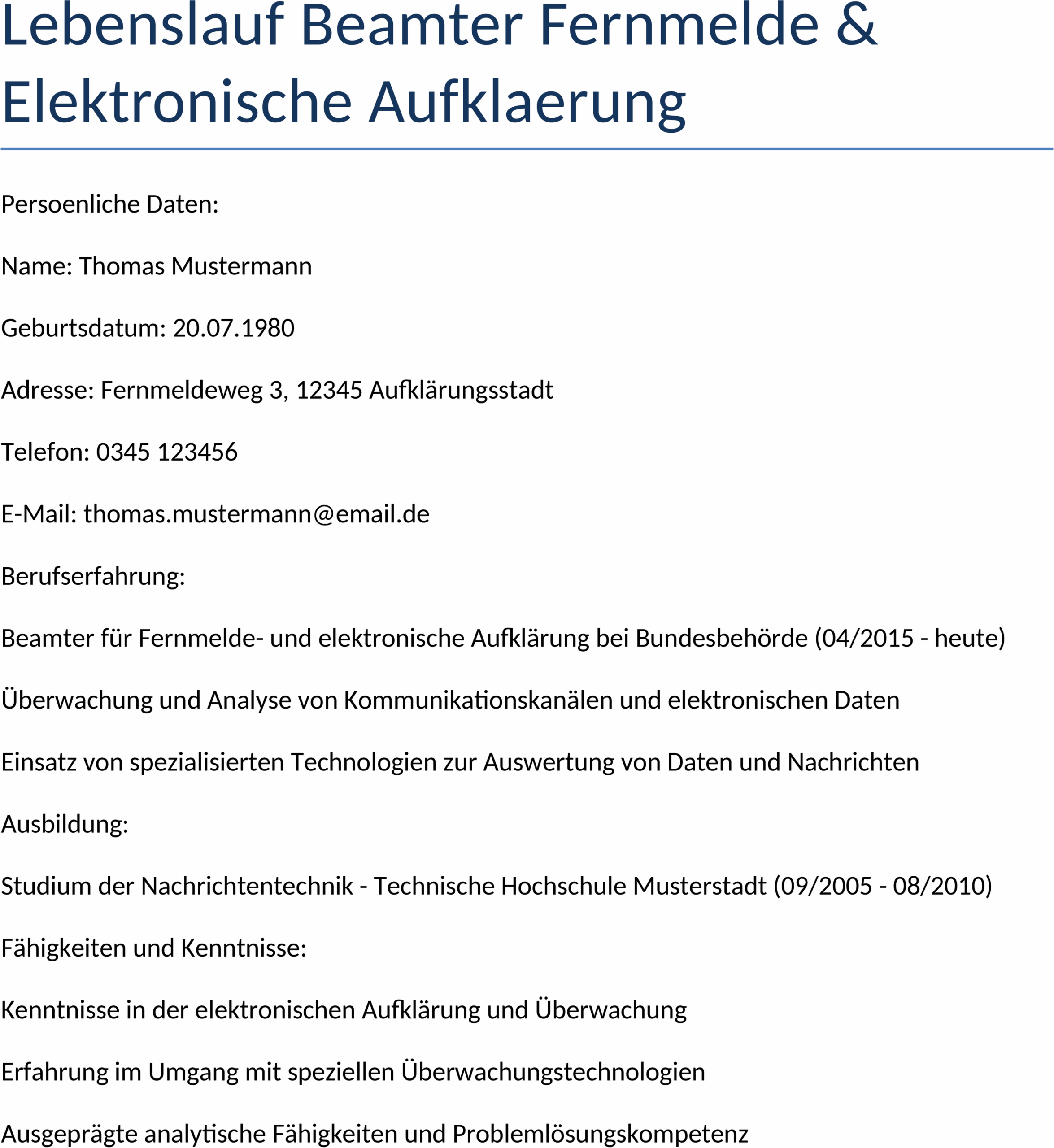 Lebenslauf Beamter Fernmelde Elektronische Aufklaerung