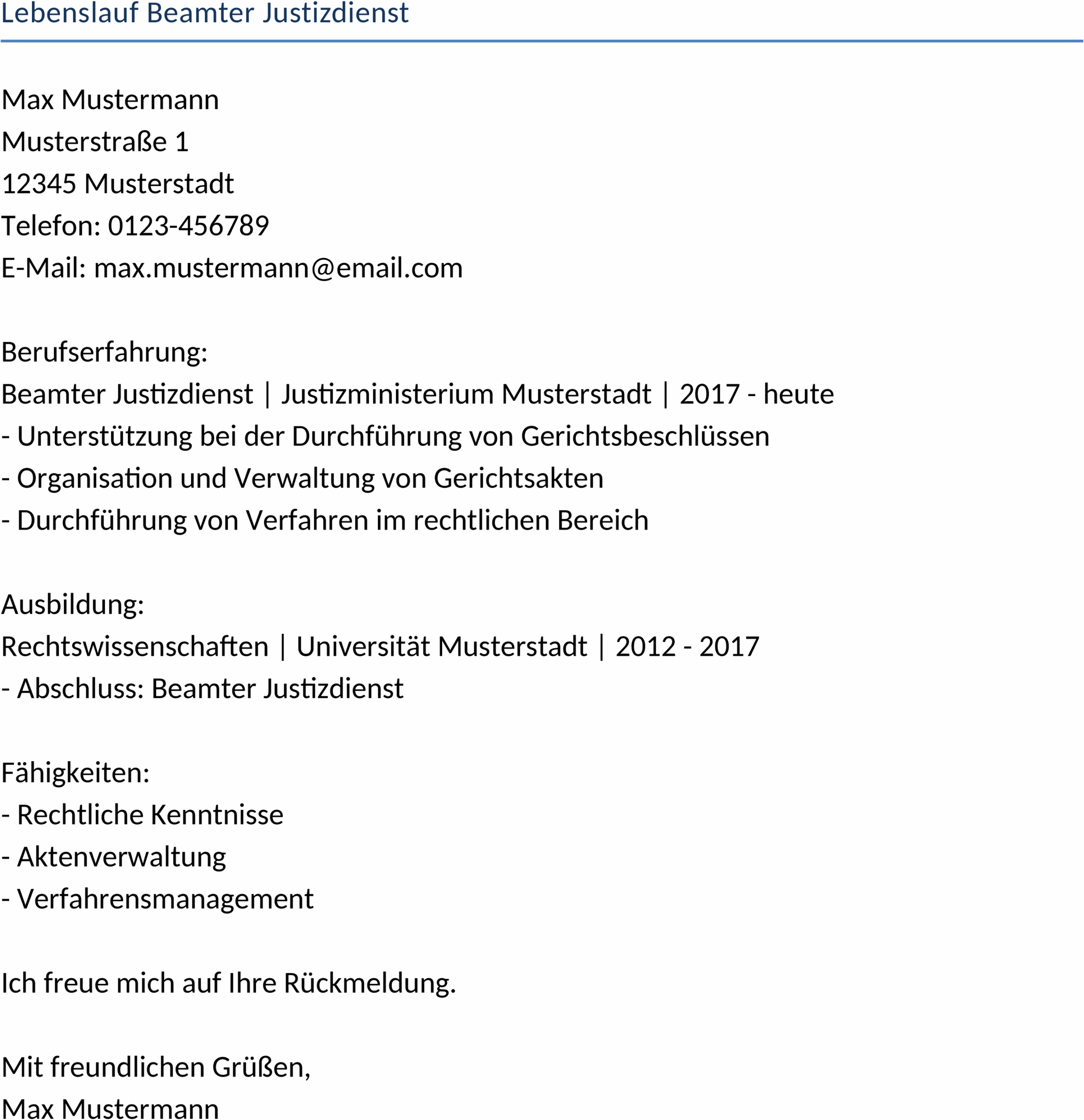 Lebenslauf Beamter Justizdienst Word