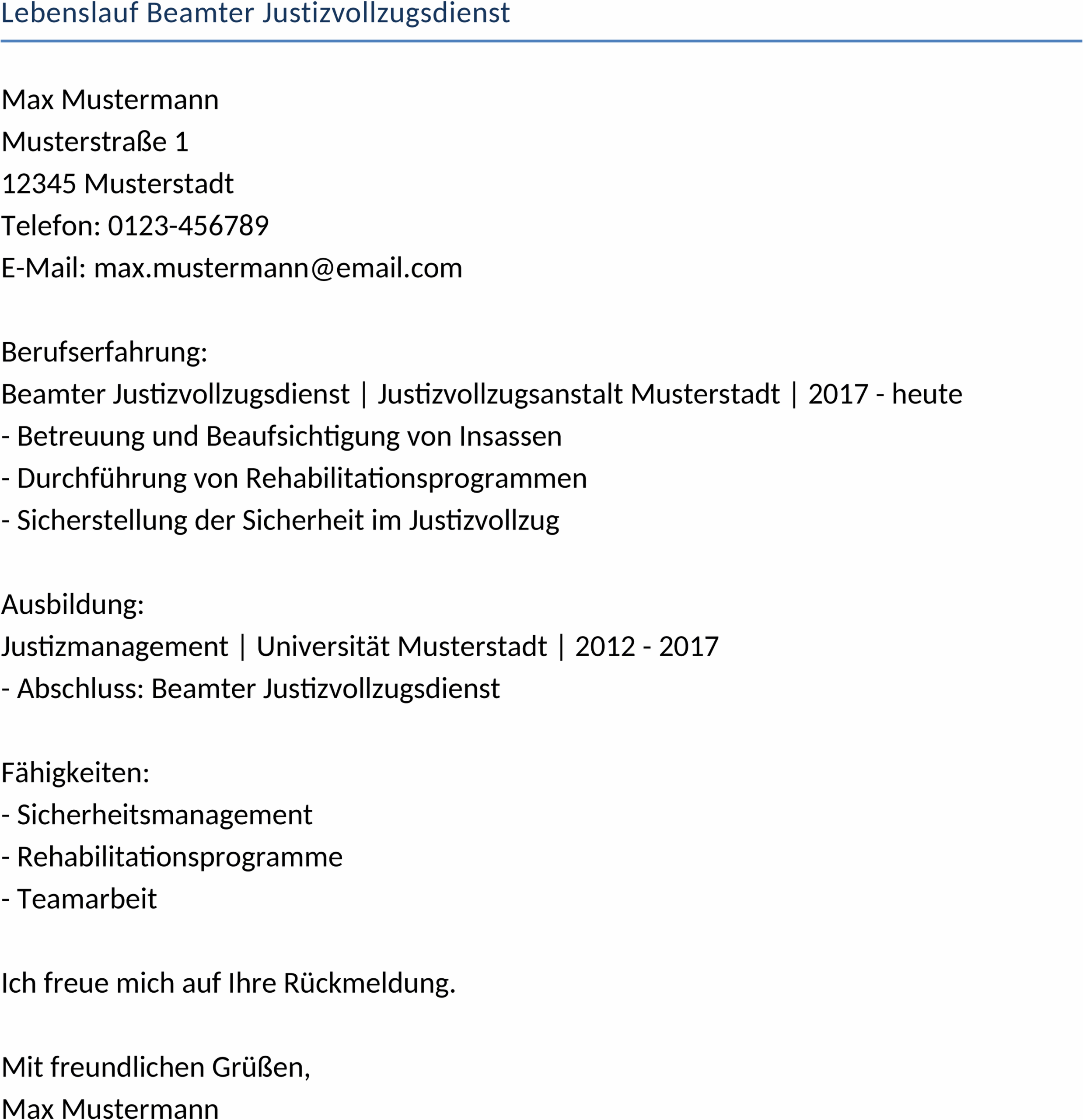 Lebenslauf im Word-Format für den Justizvollzugsdienst