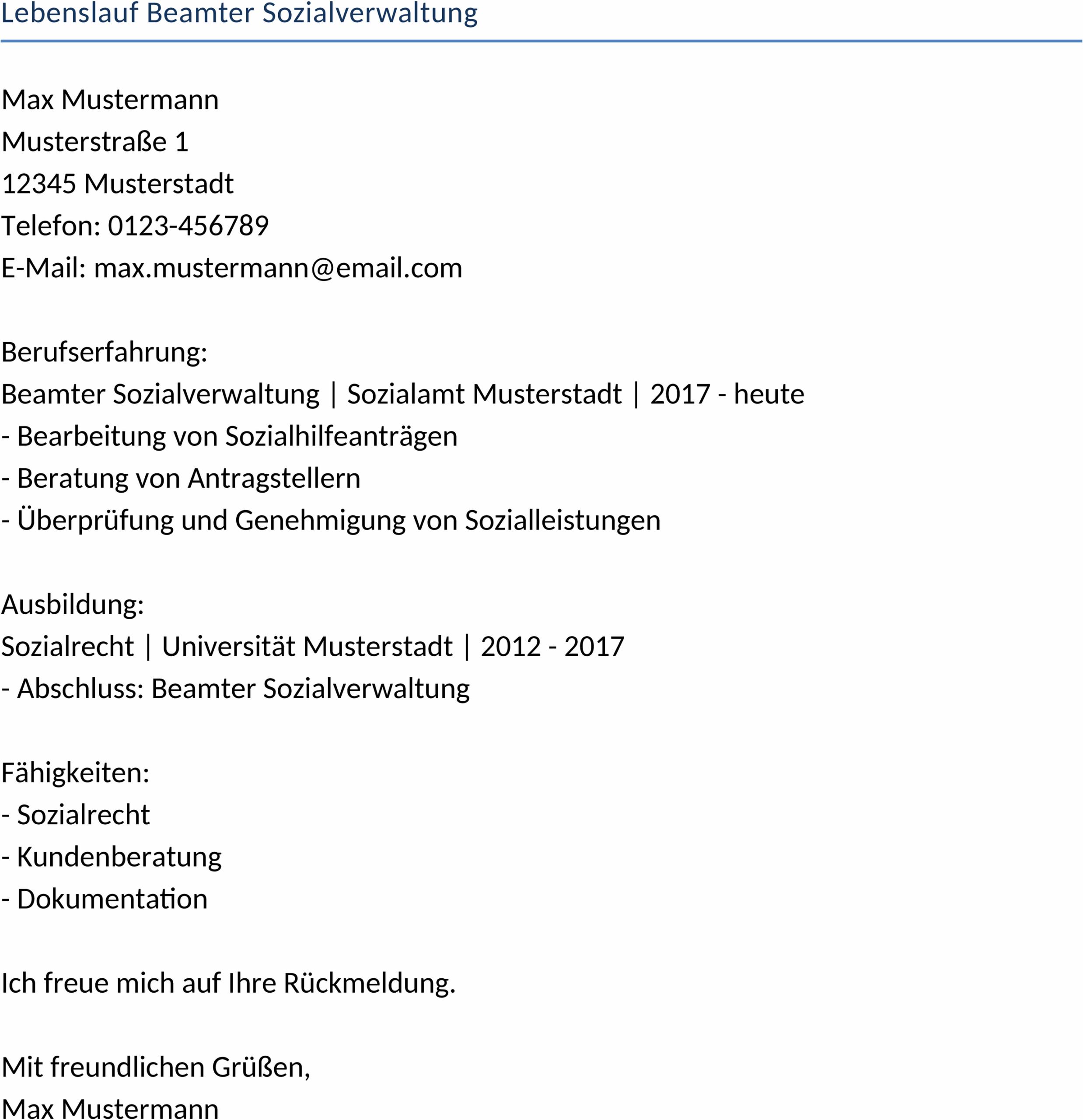 Word-Vorlage Lebenslauf Beamter Sozialverwaltung