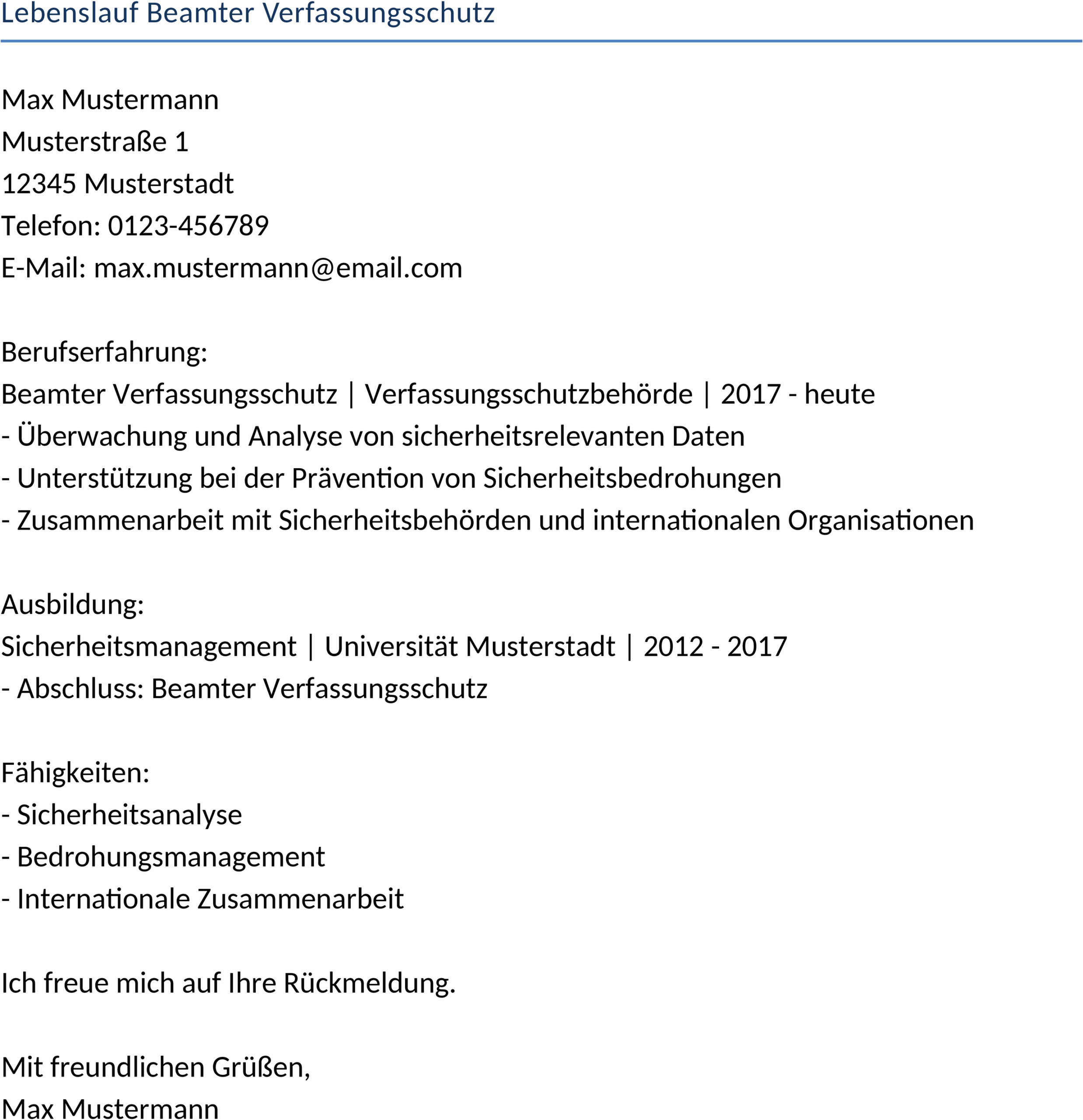 Lebenslauf Beamter Verfassungsschutz Vorlage