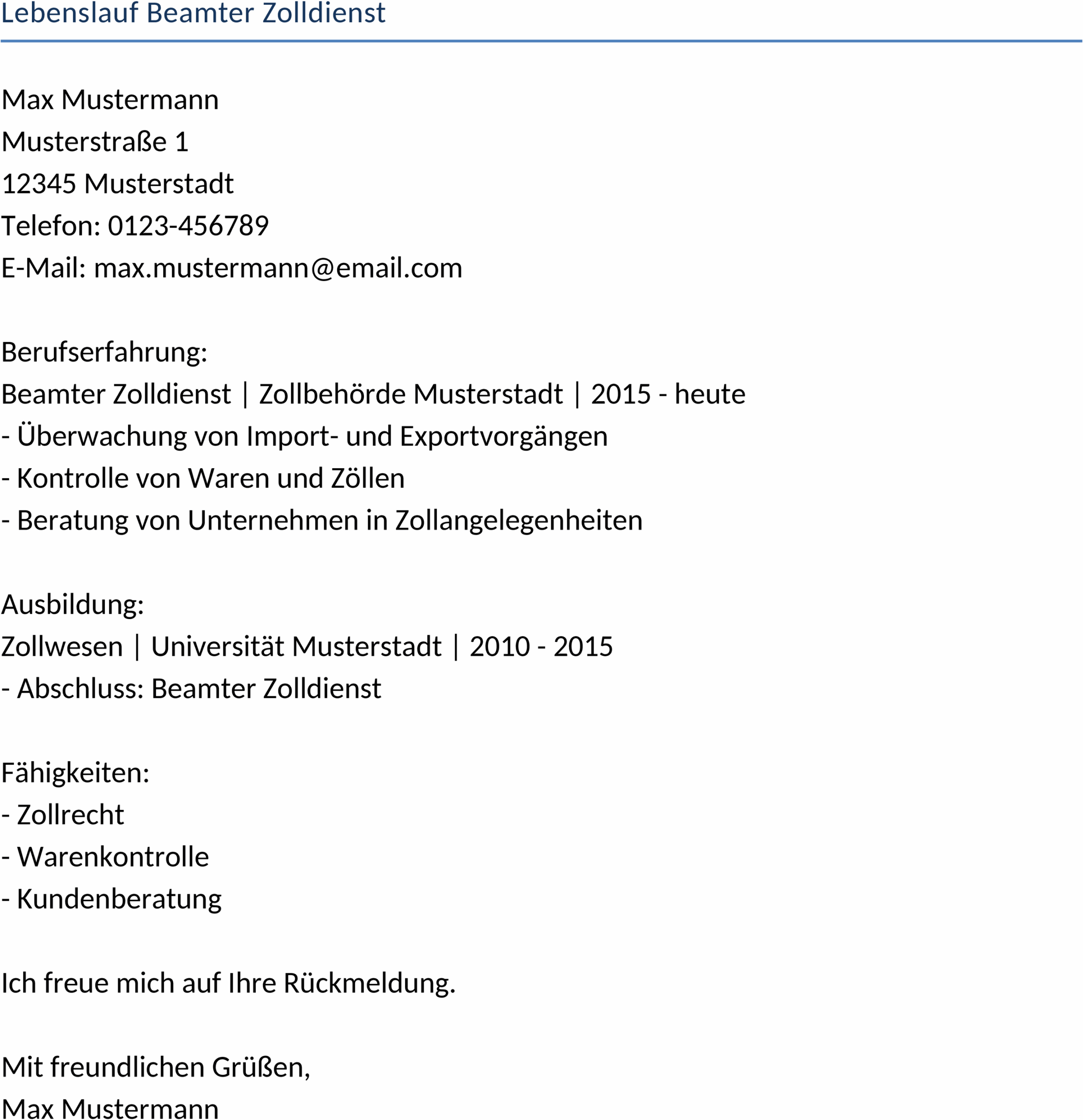 Lebenslauf Beamter Zolldienst Word-Dokument