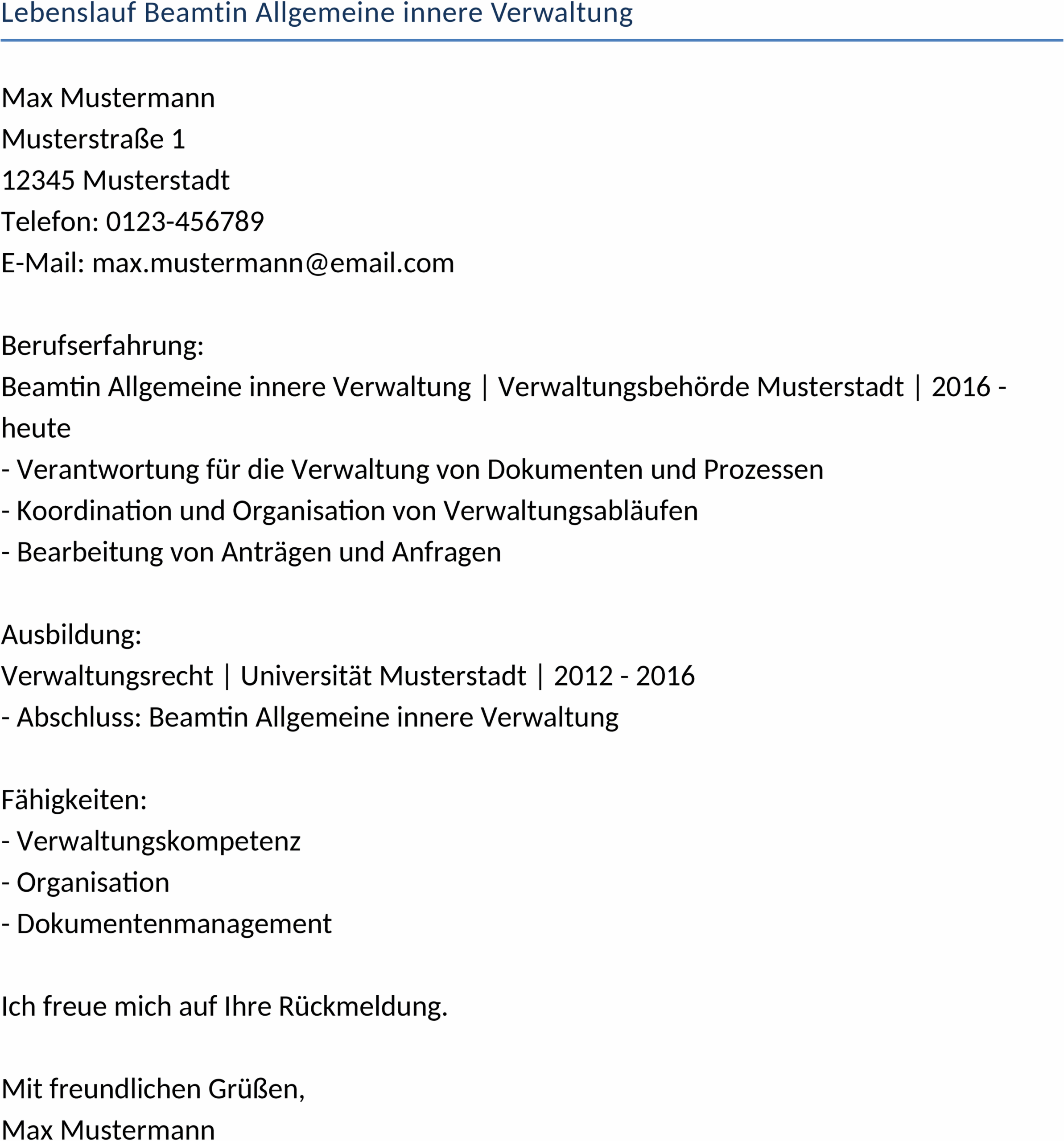 Word-Vorlage Lebenslauf für Verwaltung