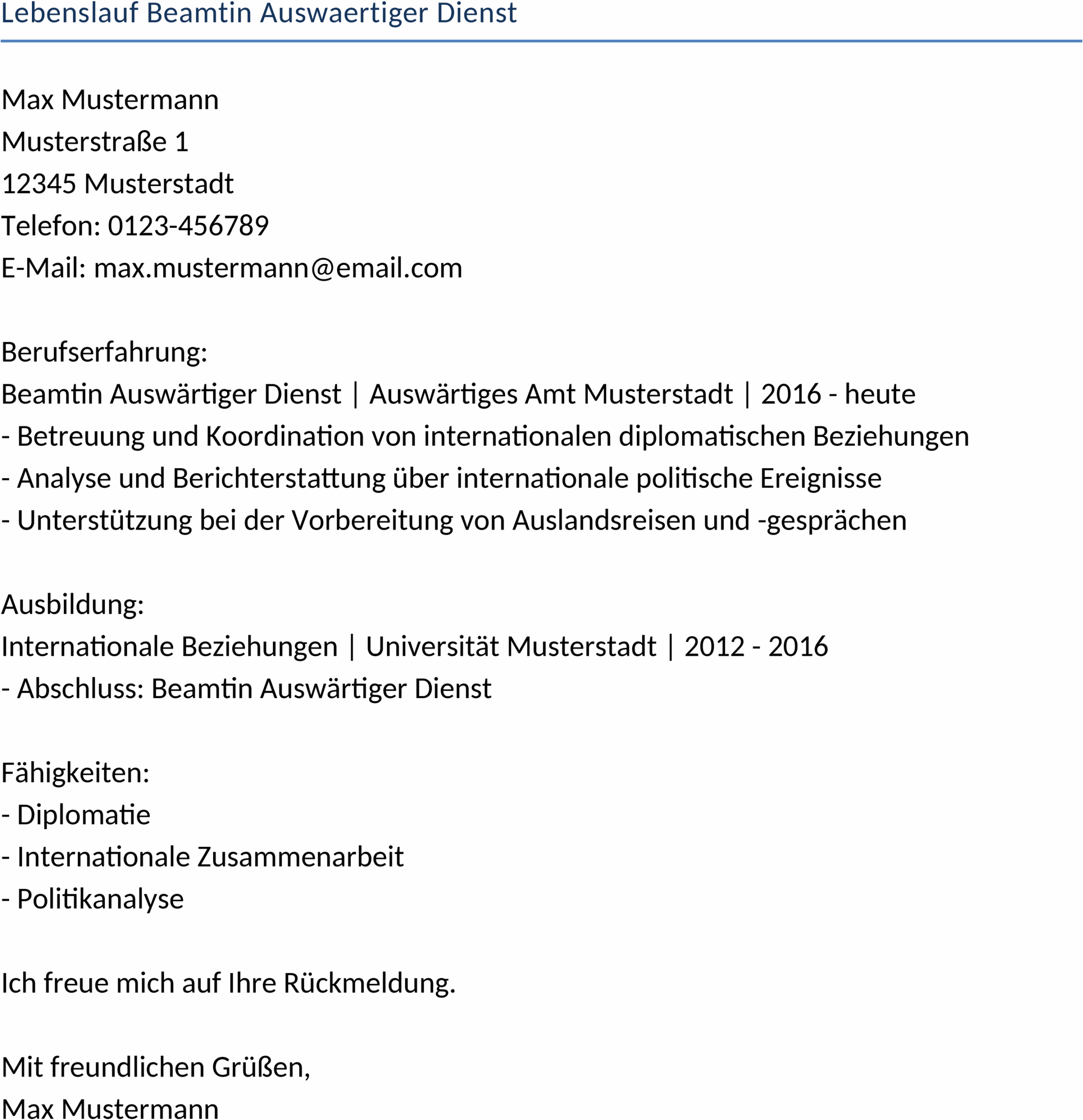 Lebenslauf-Word-Vorlage für den Auswärtigen Dienst
