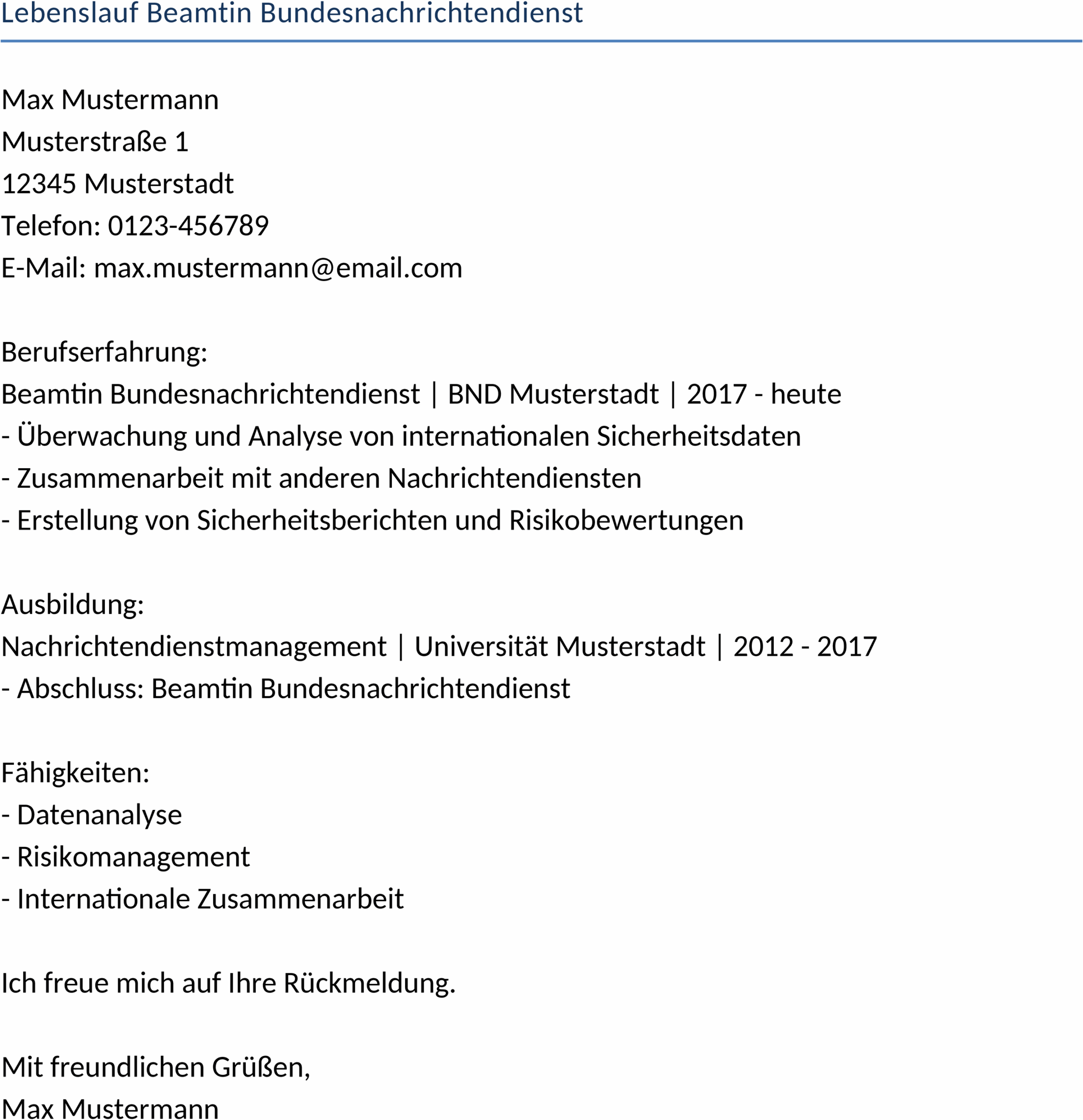 Lebenslauf-Vorlage für den Bundesnachrichtendienst