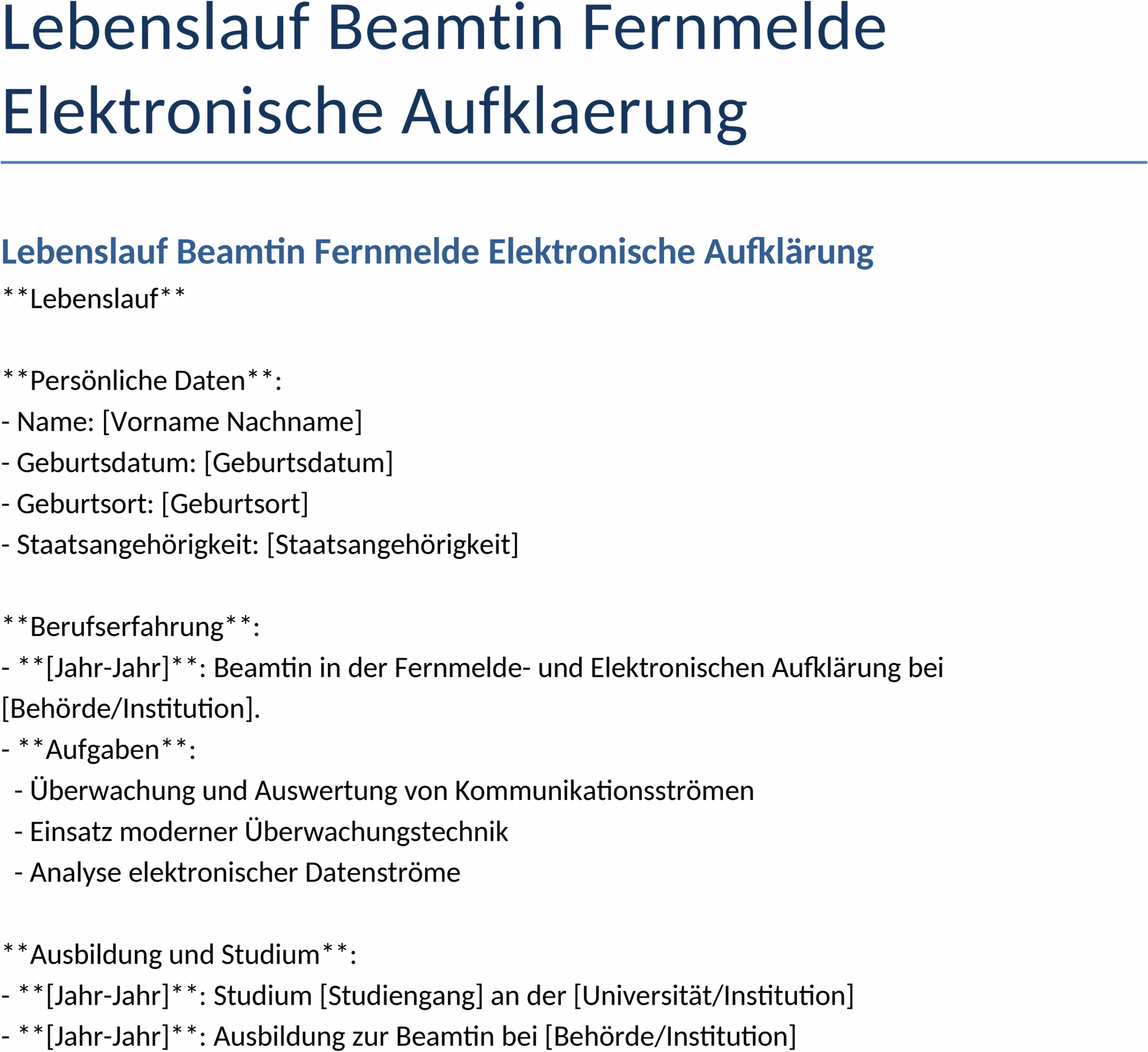 Lebenslauf Beamtin Fernmelde Elektronische Aufklärung - Word Template