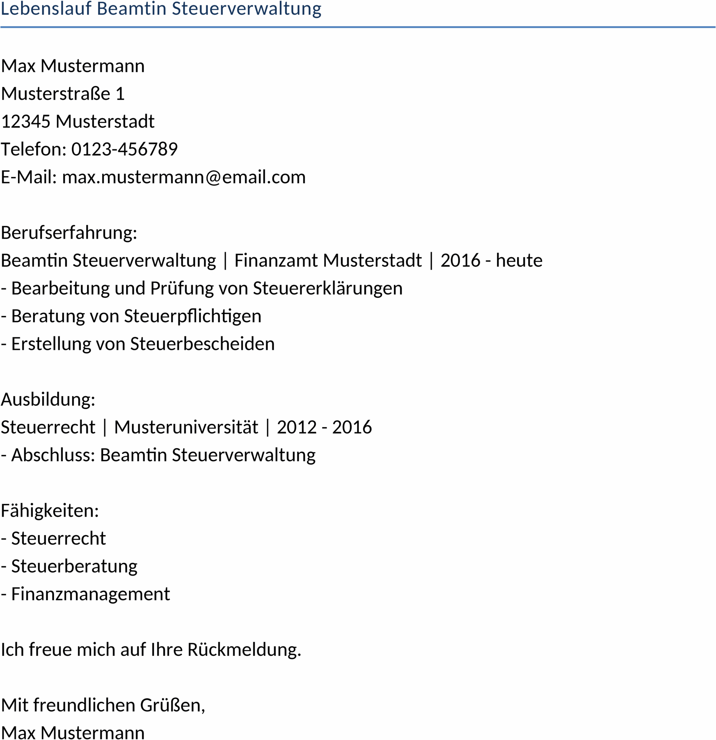 Lebenslauf für Beamtin in der Steuerverwaltung als Word-Dokument
