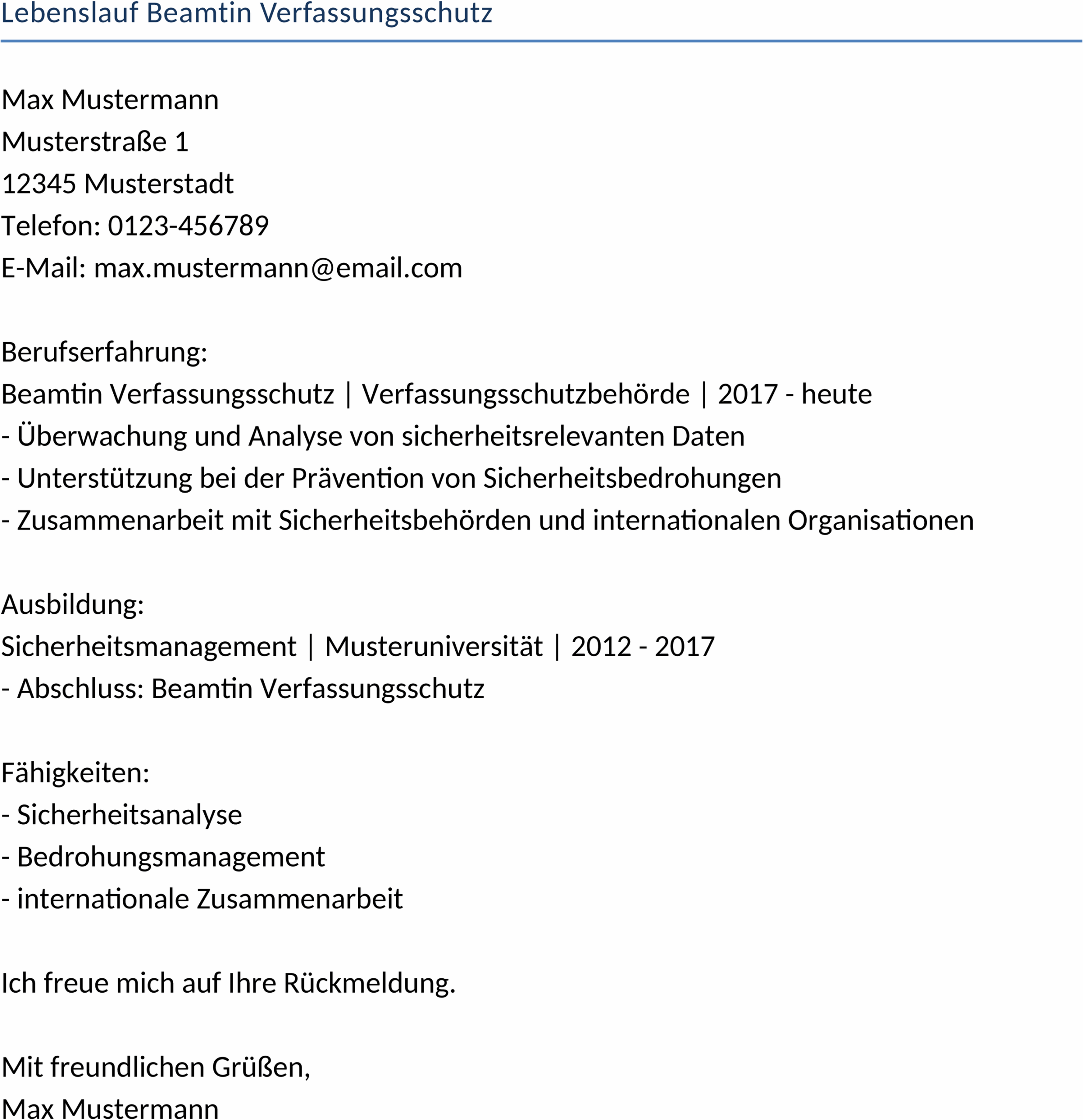 Lebenslauf-Vorlage Beamtenposition Verfassungsschutz