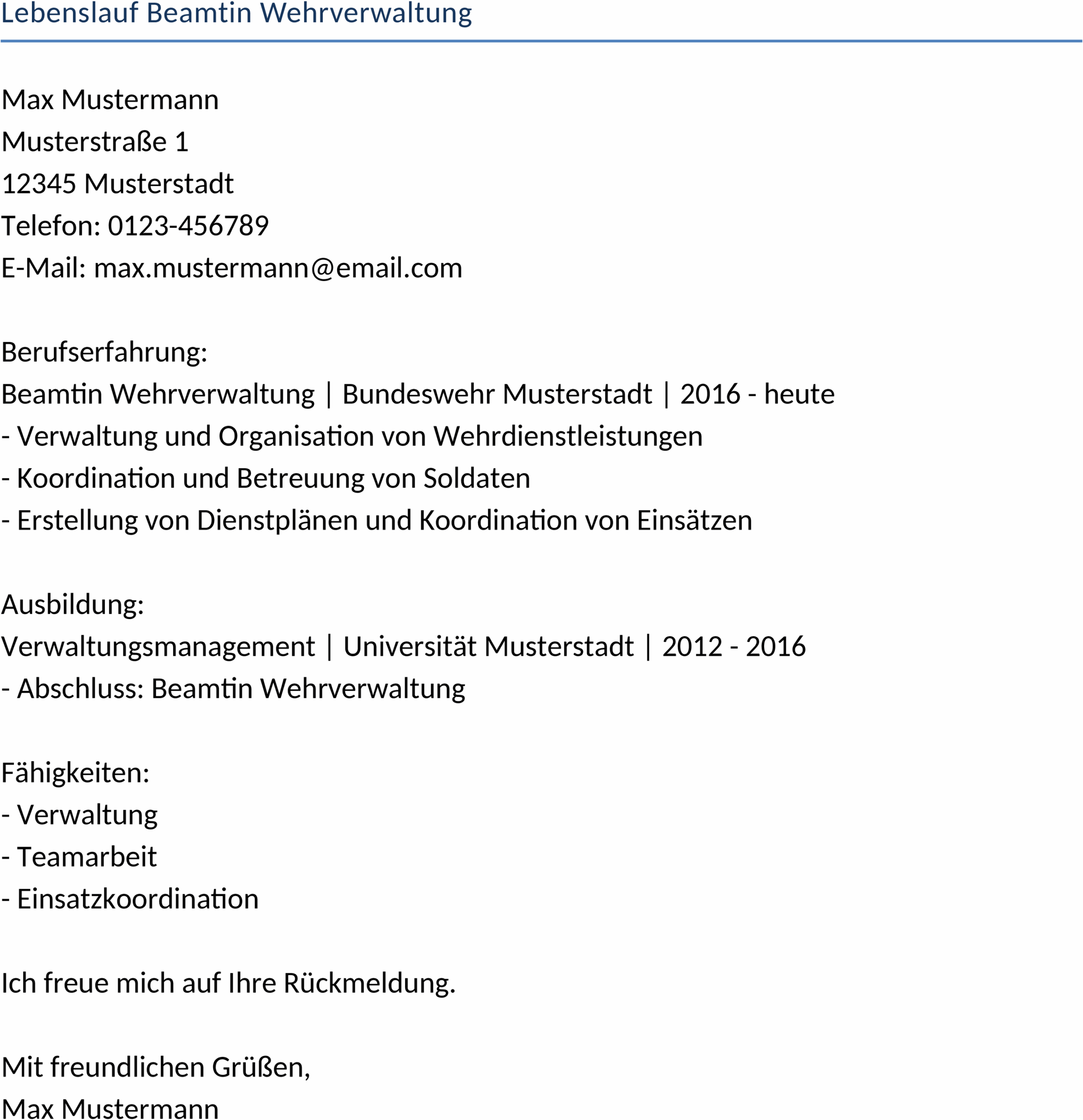 Lebenslauf Beamtin Wehrverwaltung Word