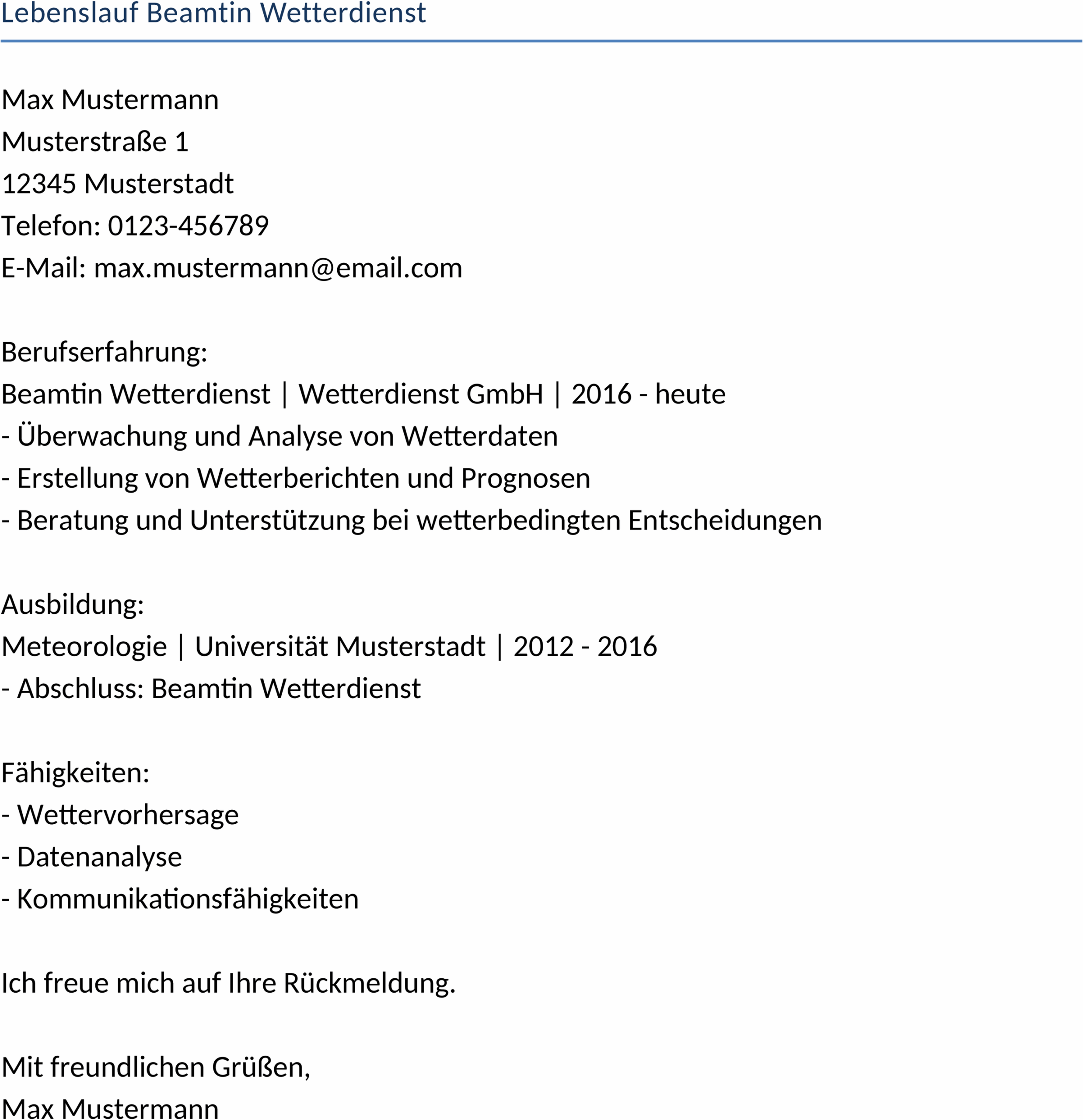Lebenslauf-Vorlage für den Wetterdienst als DOCX