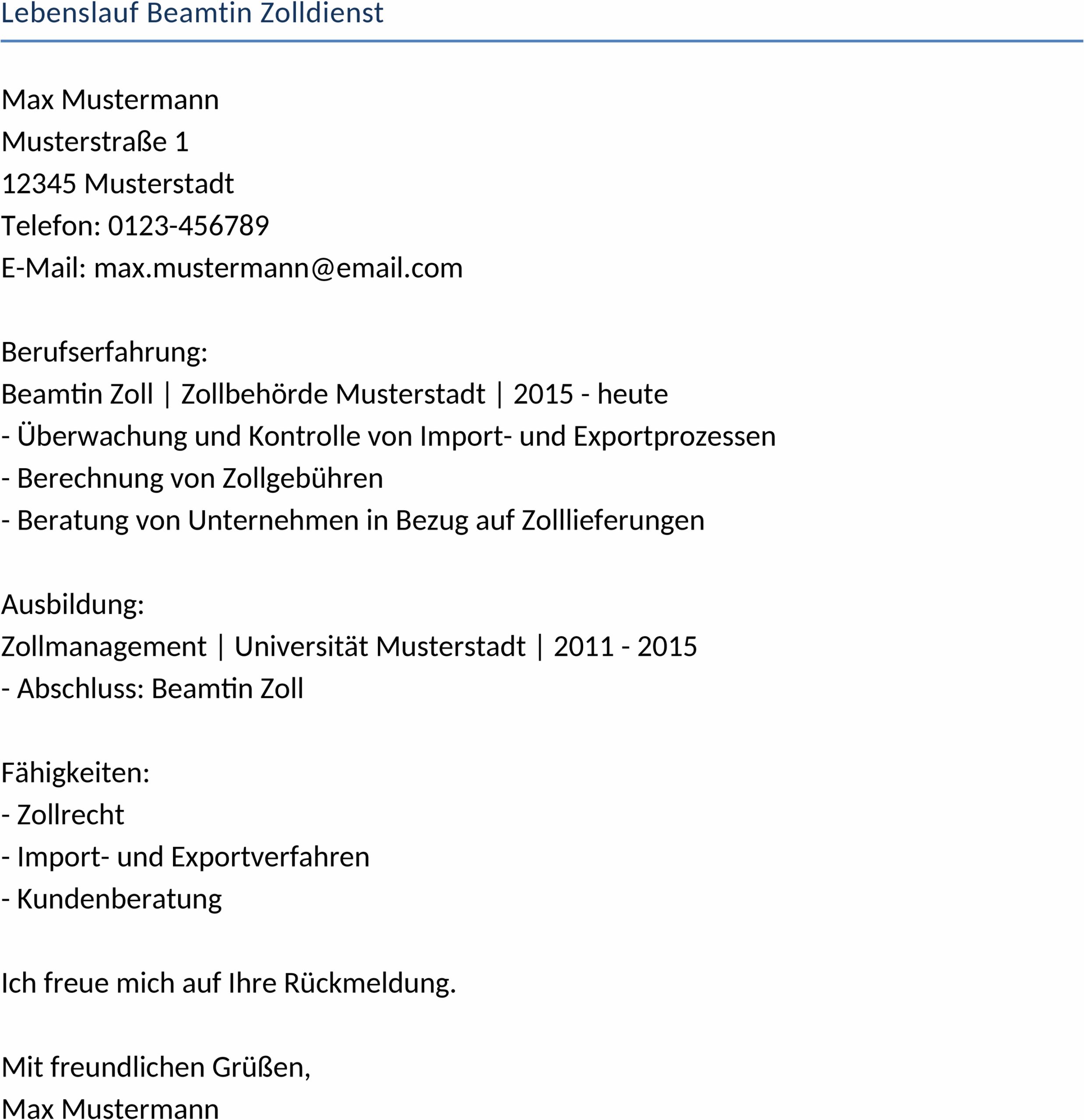 Lebenslaufvorlage für Beamtin im Zolldienst