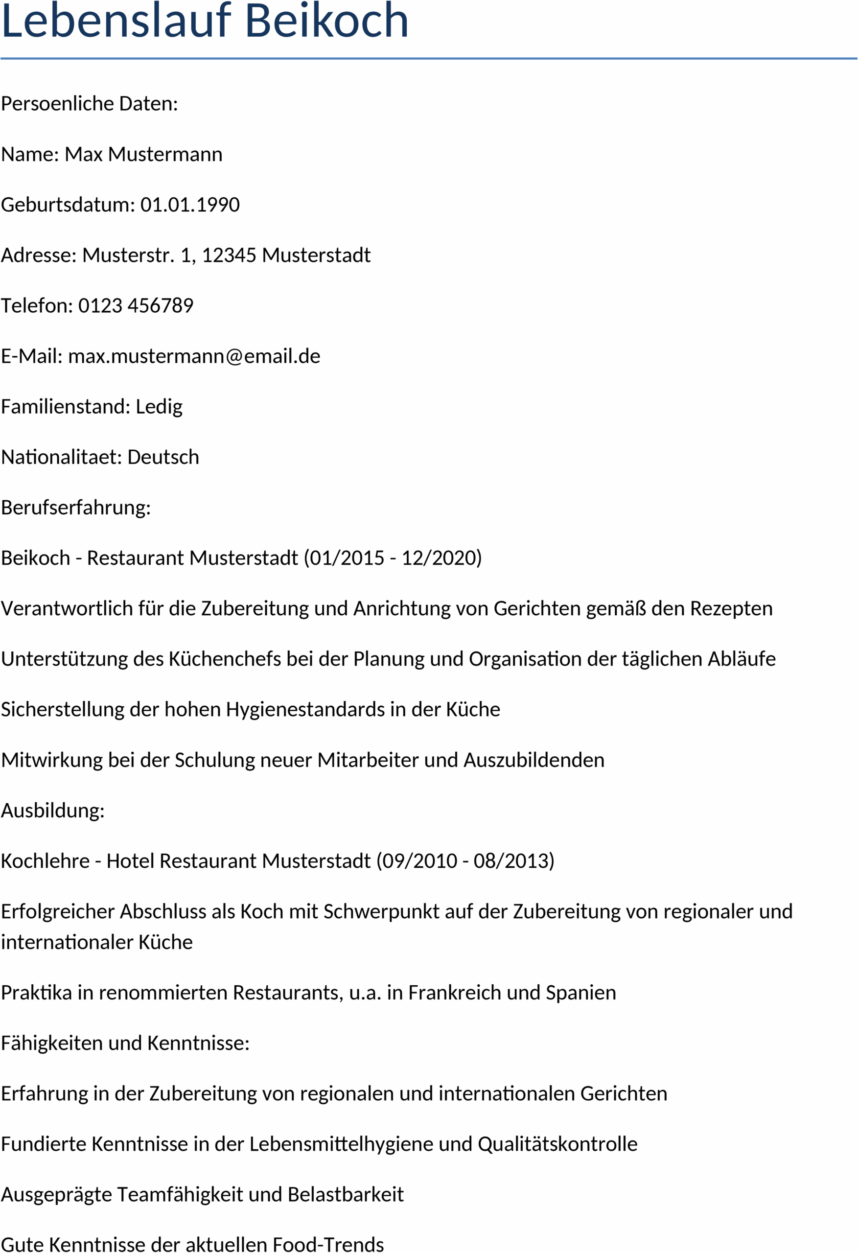 Lebenslauf für Beikoch als Word-Dokument