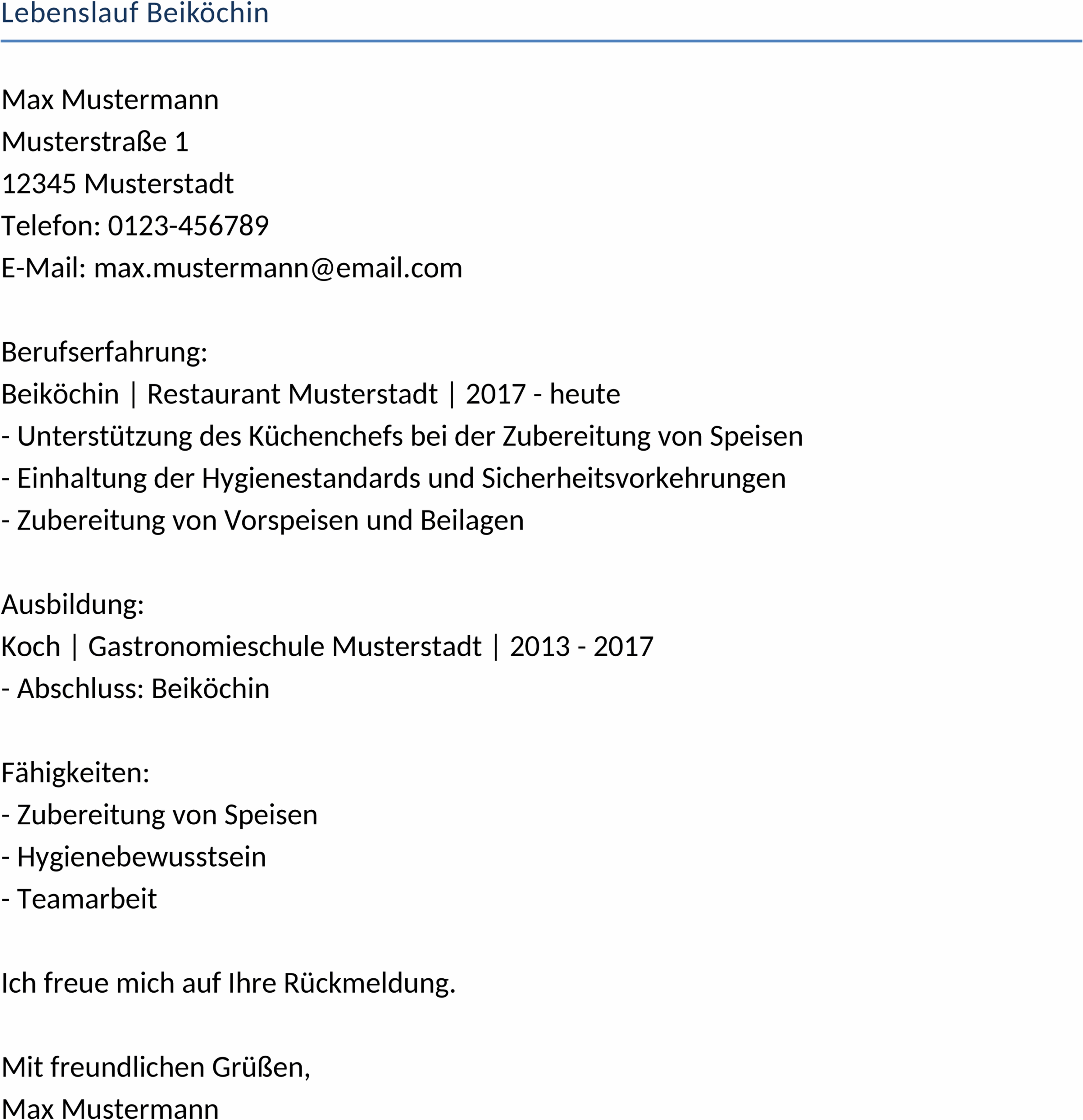 Lebenslauf für Beiköche im DOCX-Format