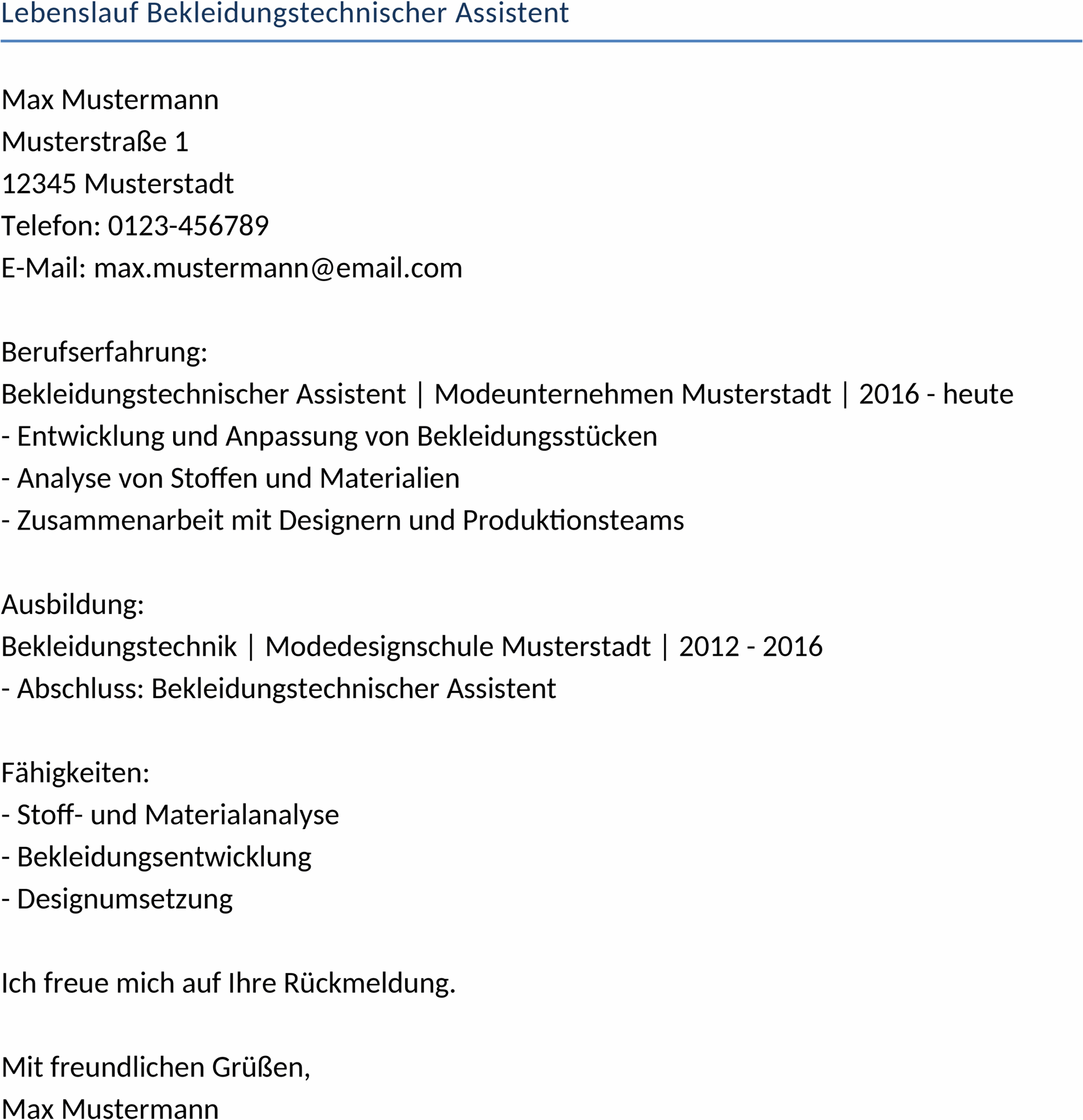 Word-Template Lebenslauf Bekleidungstechnischer Assistent