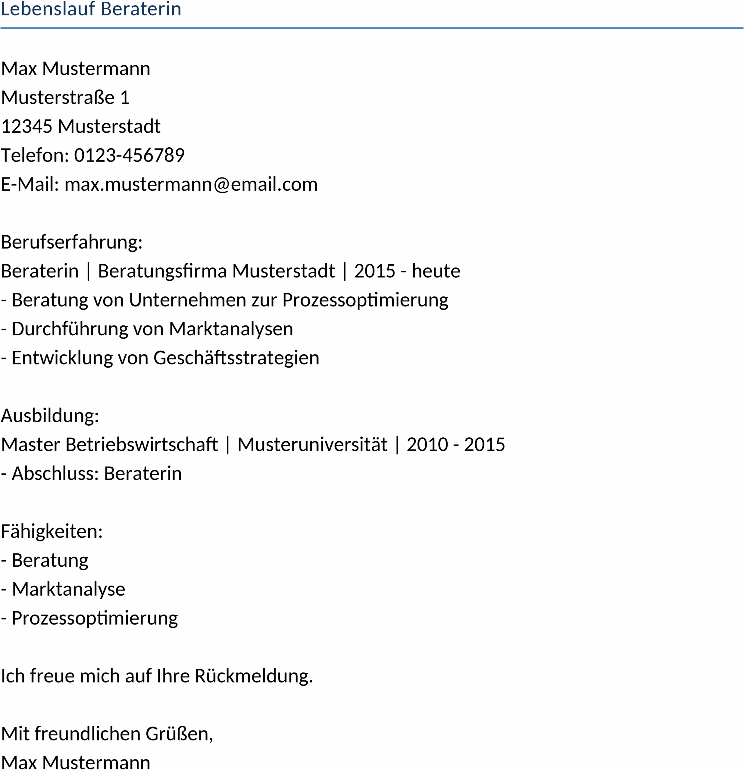 Lebenslauf Beraterin Word-Dokument