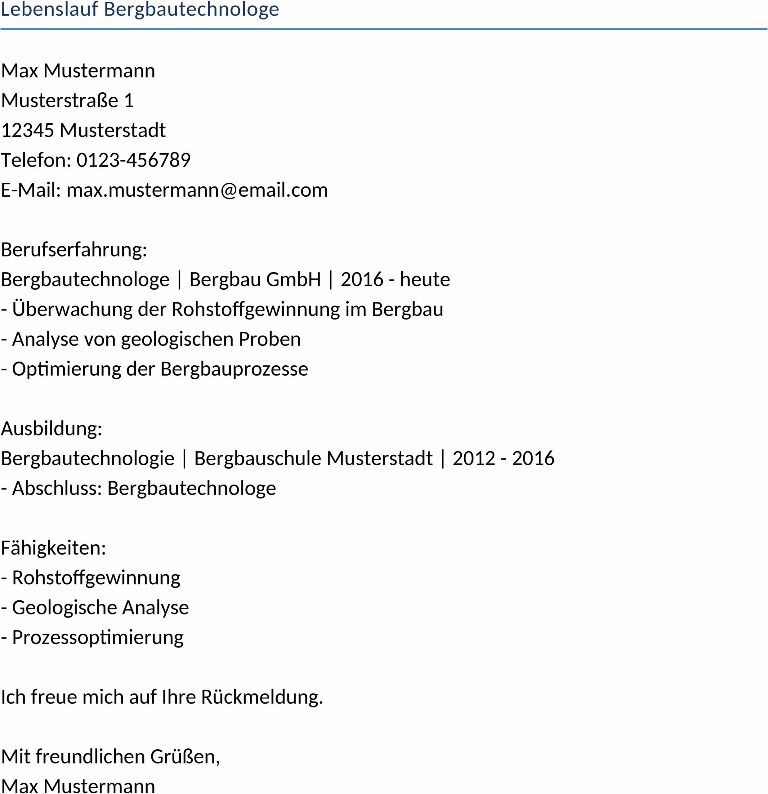 Word-Lebenslauf Bergbautechnologe