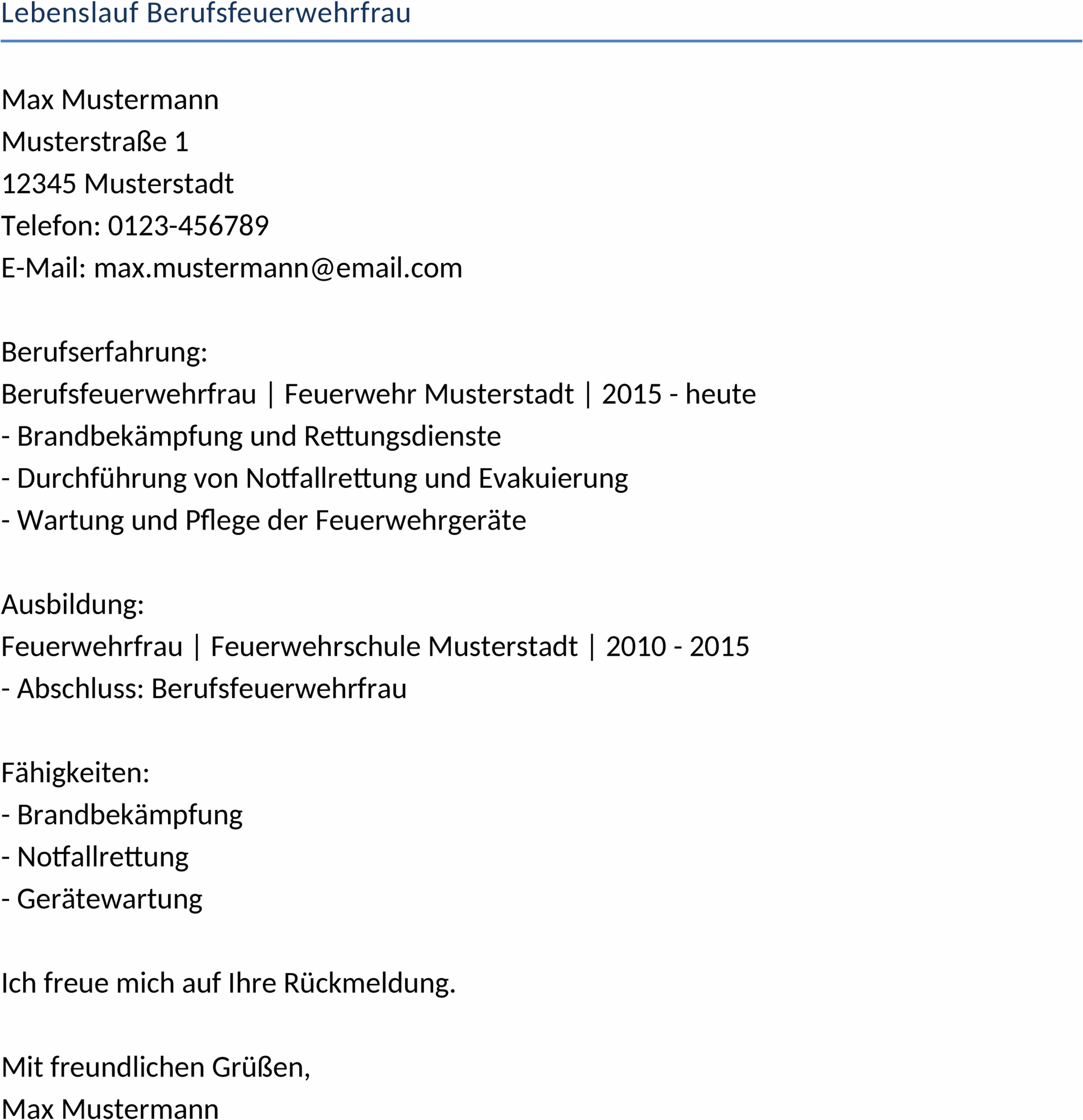 Lebenslauf Berufsfeuerwehrfrau Word-Dokument