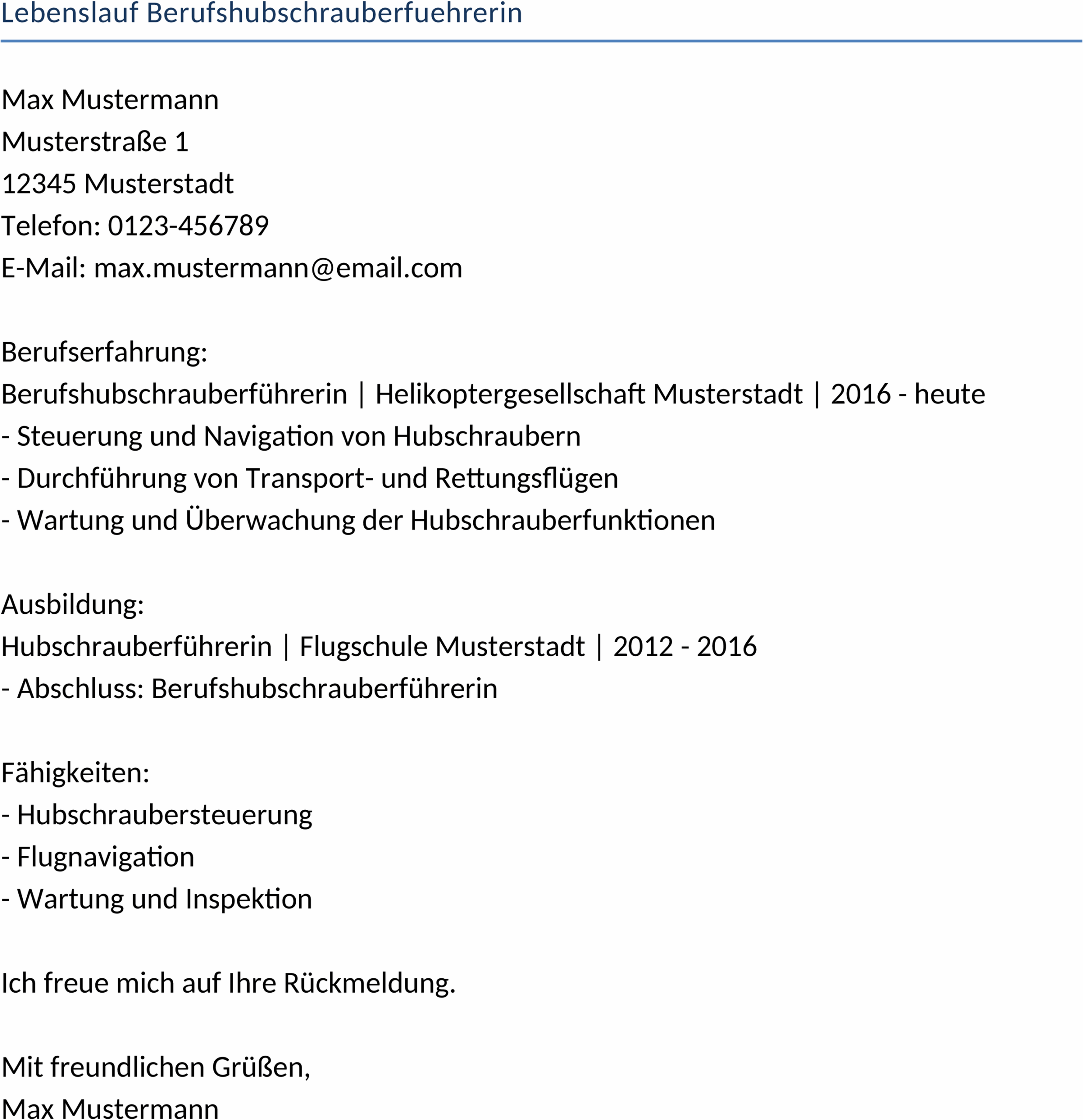 Lebenslauf Vorlage für Berufshubschrauberführerin