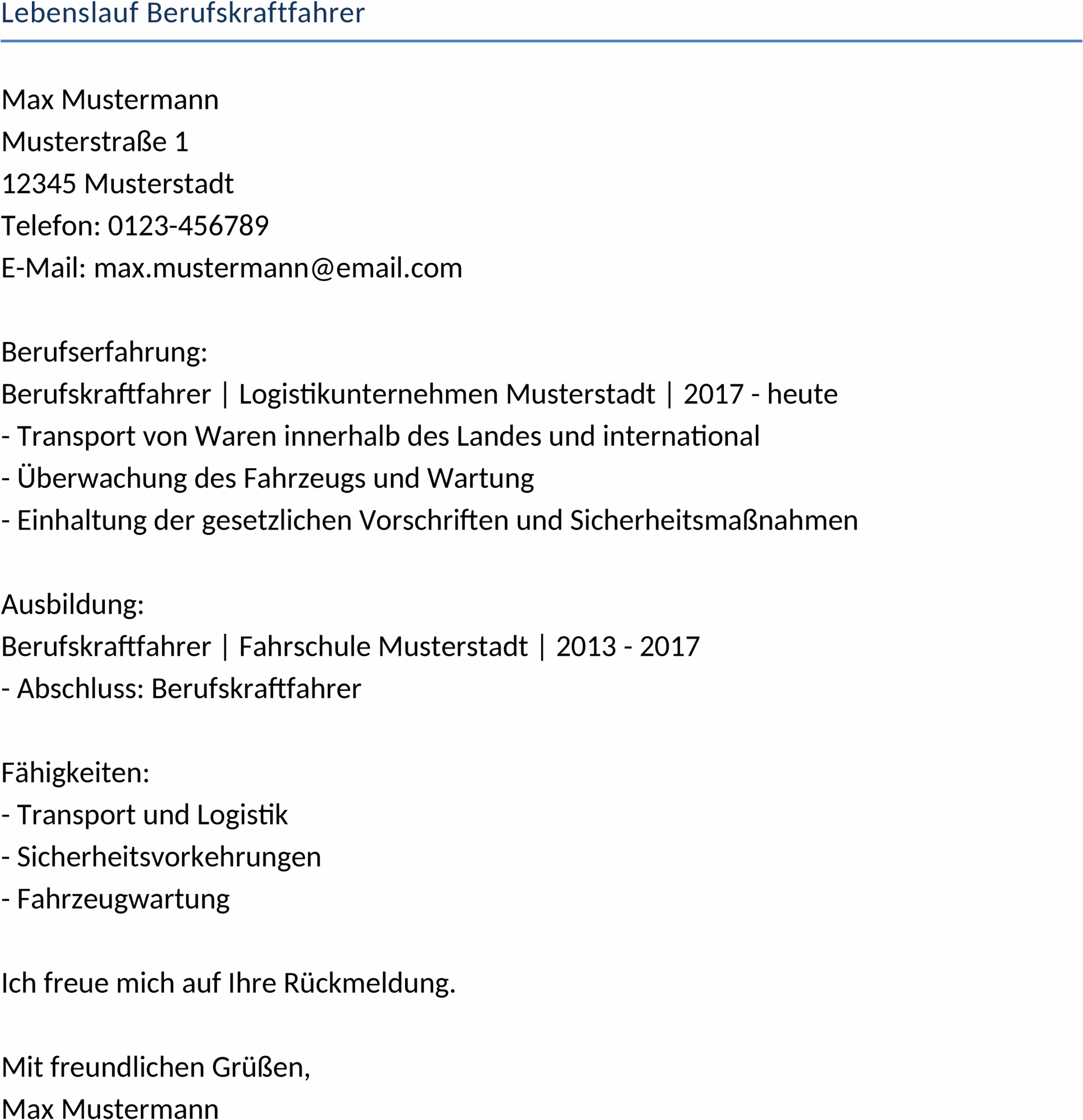 Lebenslauf im Word-Format für Berufskraftfahrer