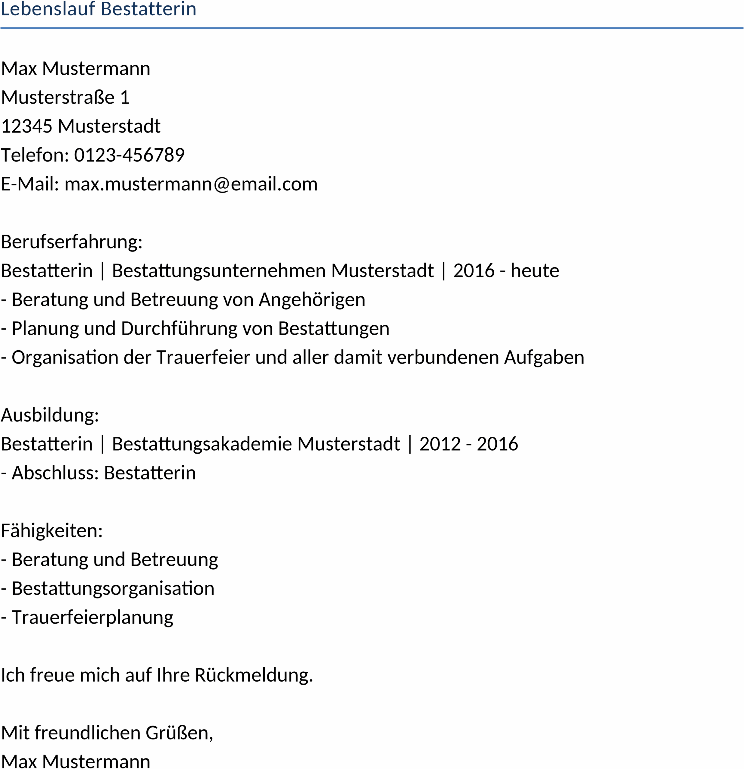 Word-Vorlage Lebenslauf Bestatterin