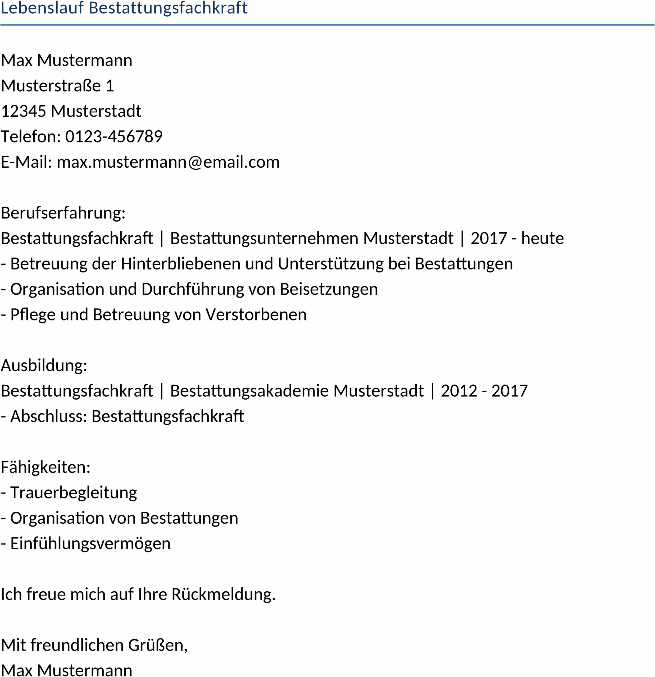 Word Vorlage Lebenslauf Bestattungsfachkraft