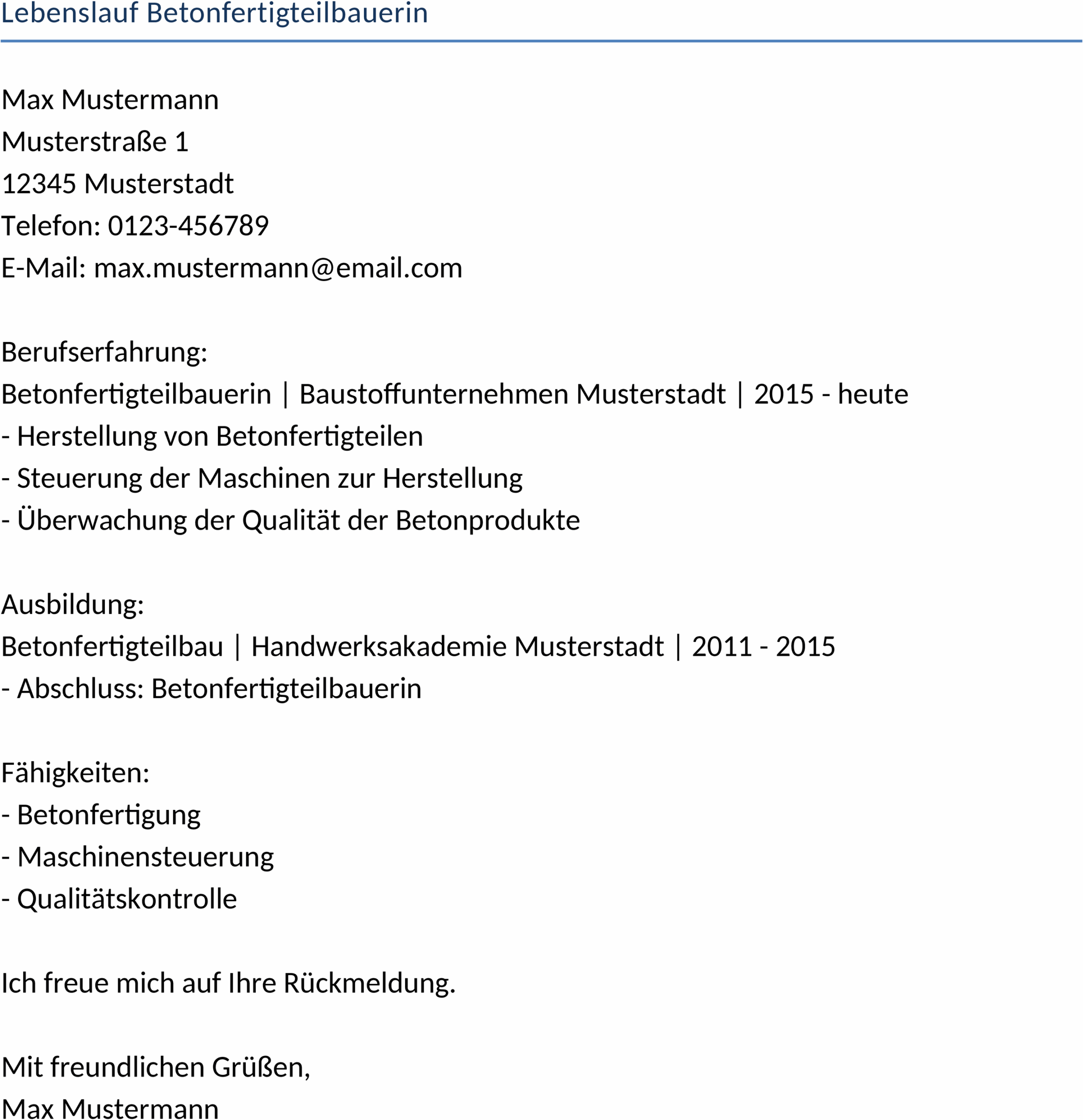 Word Lebenslauf für Betonfertigteilbauer