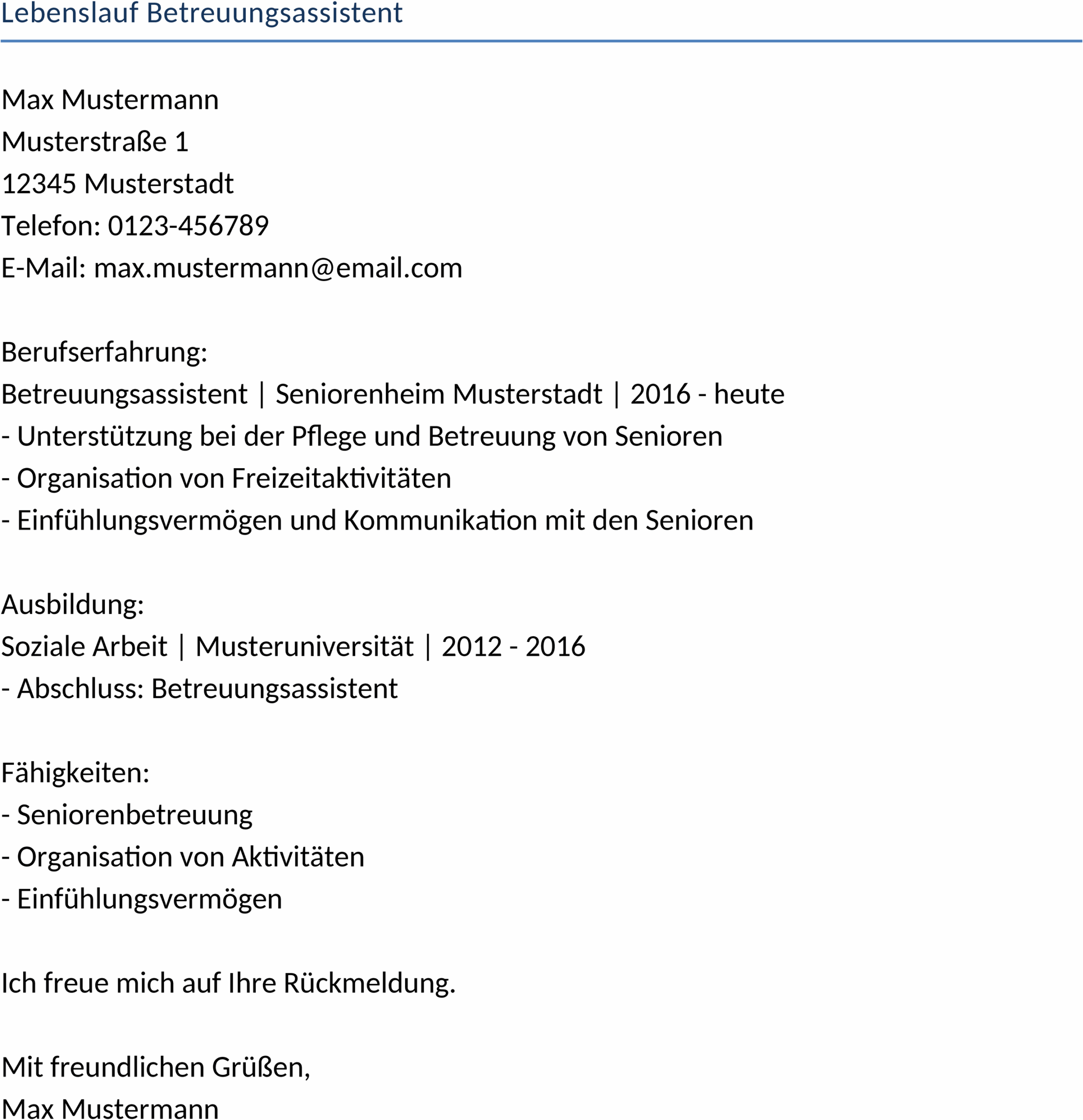 Lebenslauf Word-Vorlage für Betreuungsassistenten