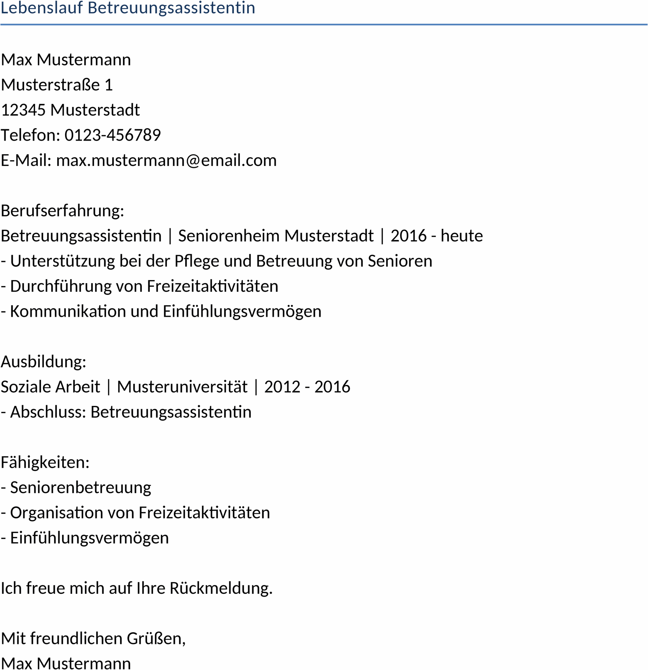Lebenslauf für Betreuungsassistentin im DOCX-Format