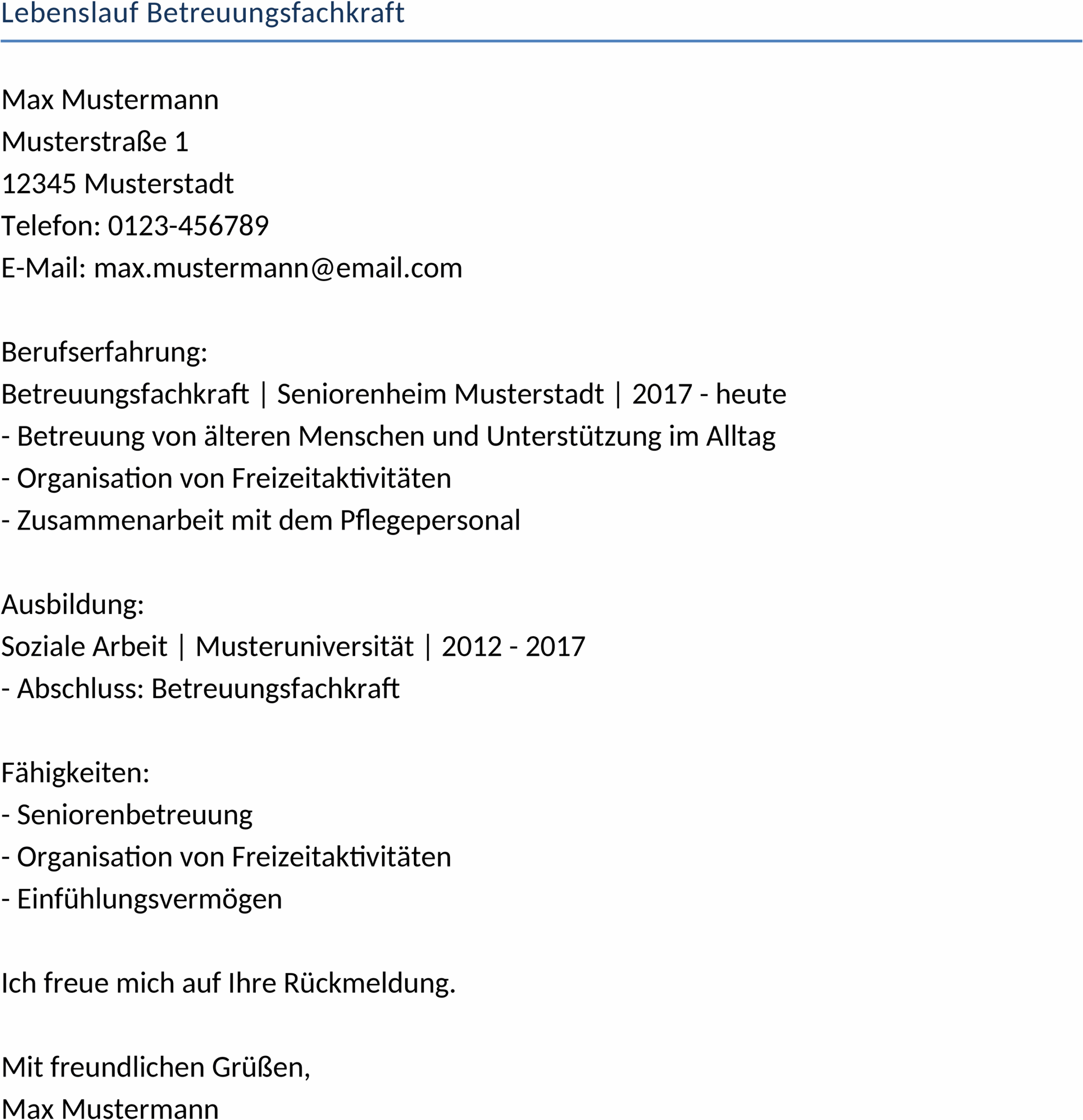 Lebenslauf für Betreuungsfachkraft - Word Vorlage