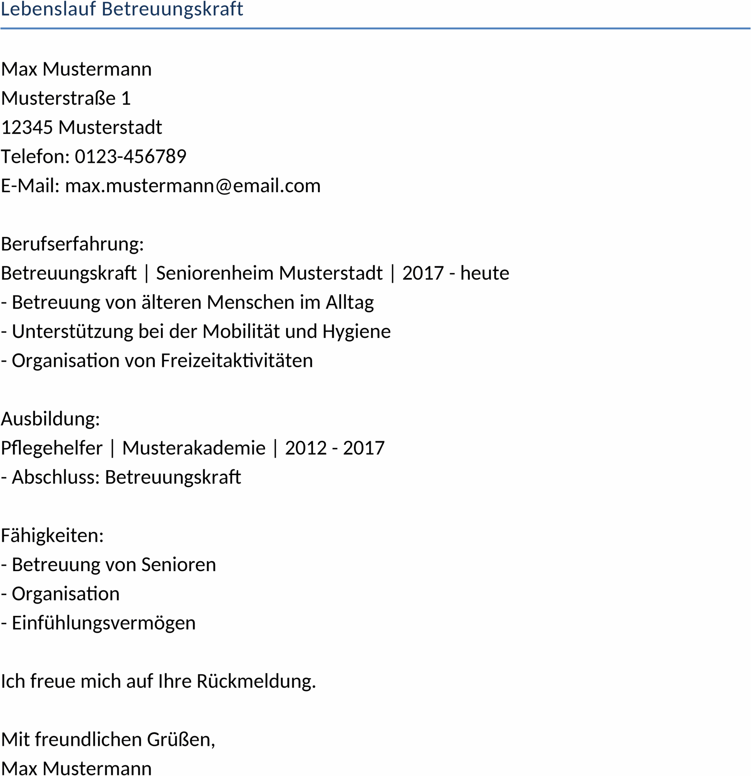 Lebenslauf Vorlage für Betreuungskräfte