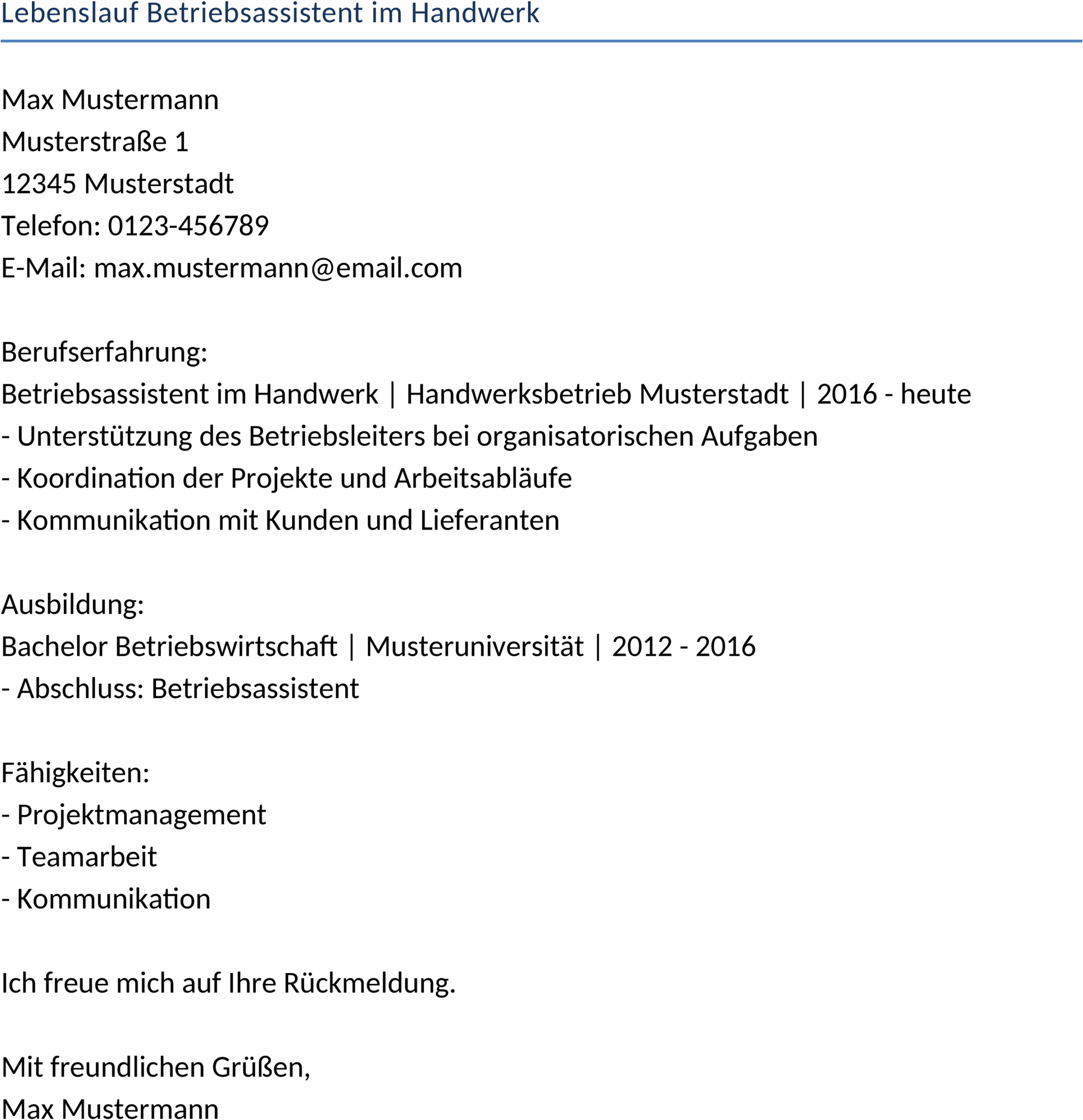 Lebenslauf Word-Vorlage für Betriebsassistenten im Handwerk