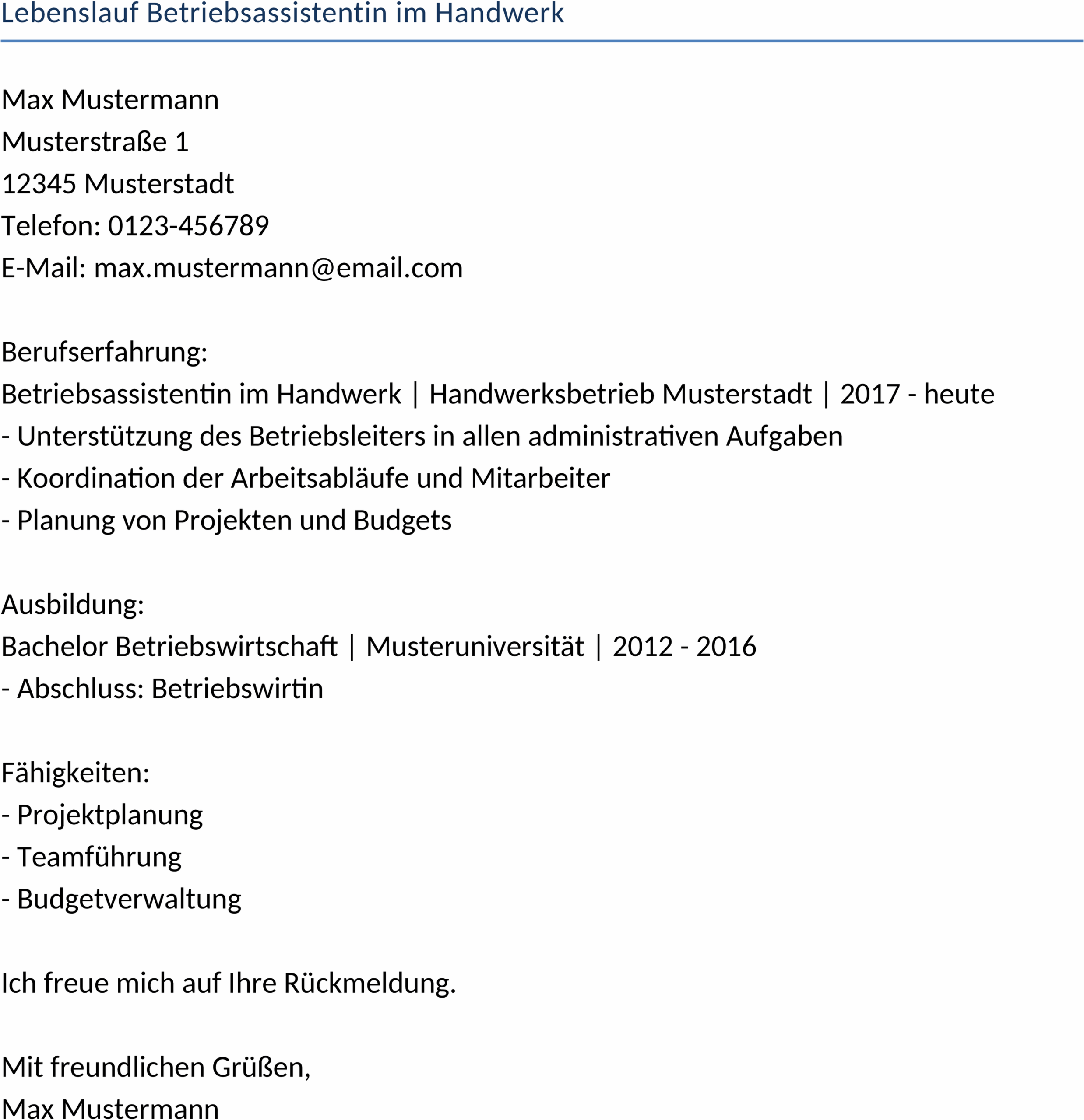 Word Vorlage Lebenslauf Betriebsassistentin im Handwerk