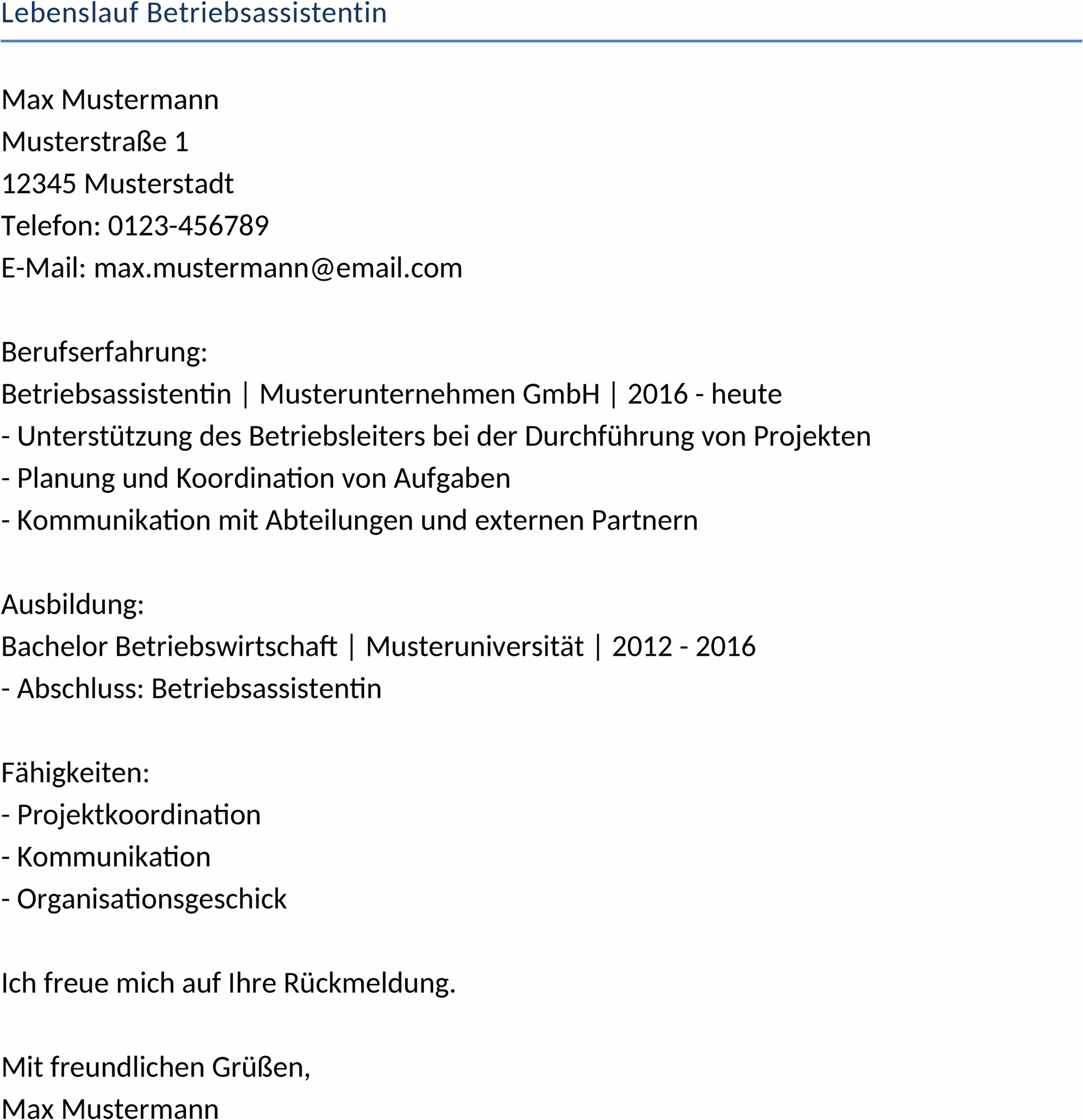 Word Lebenslauf Betriebsassistentin Vorlage