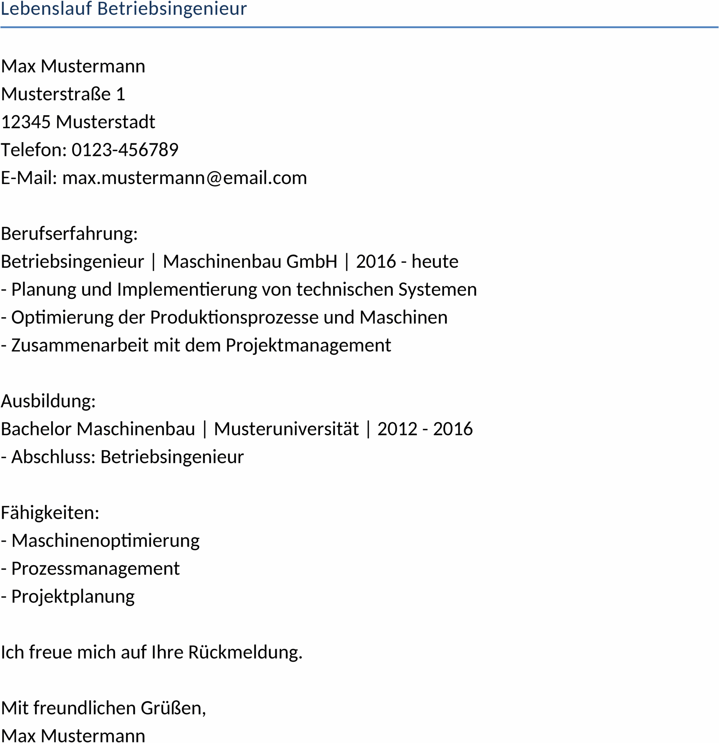 Word-Vorlage: Lebenslauf Betriebsingenieur