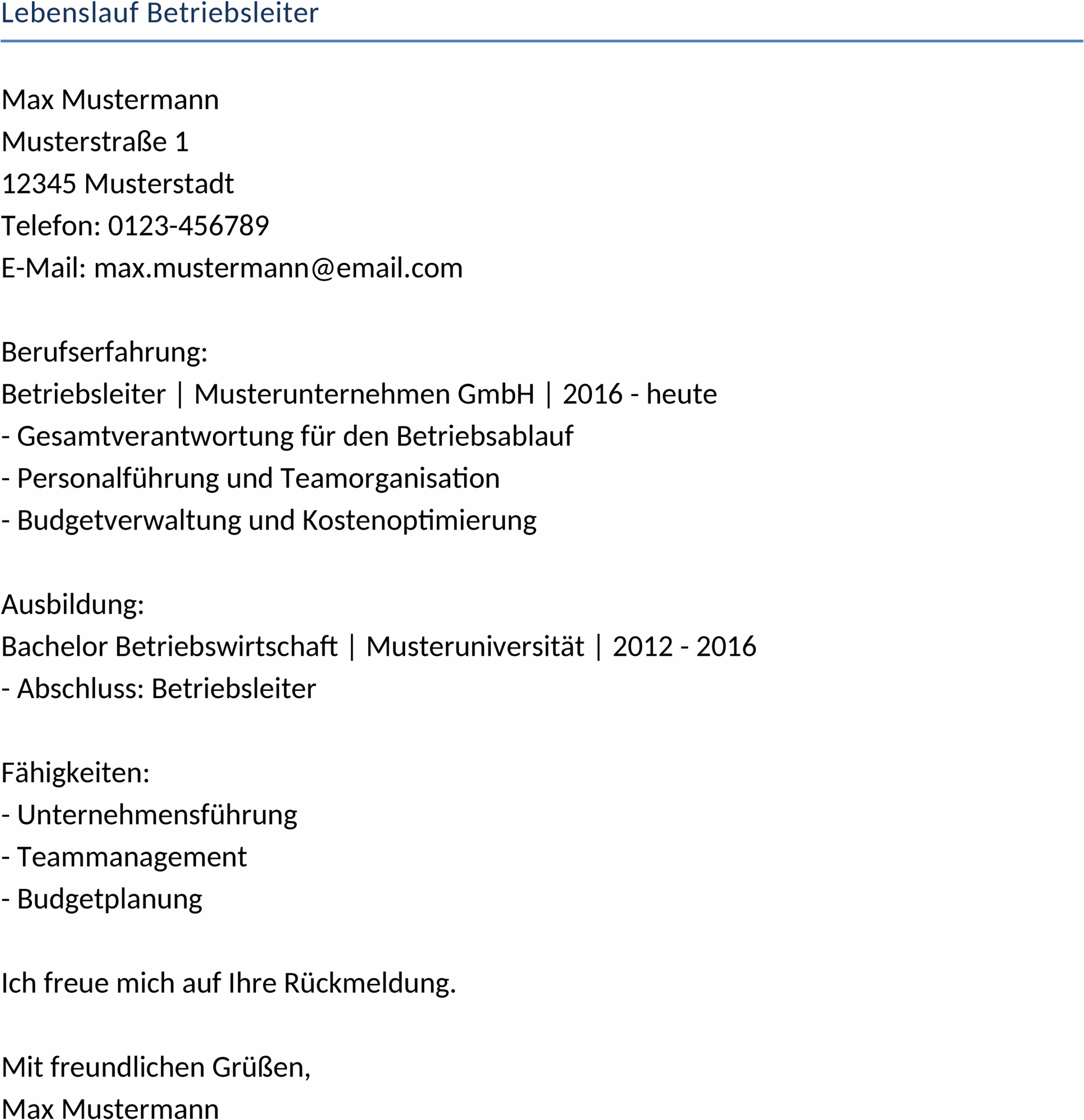 Word-Datei Lebenslauf Betriebsleiter
