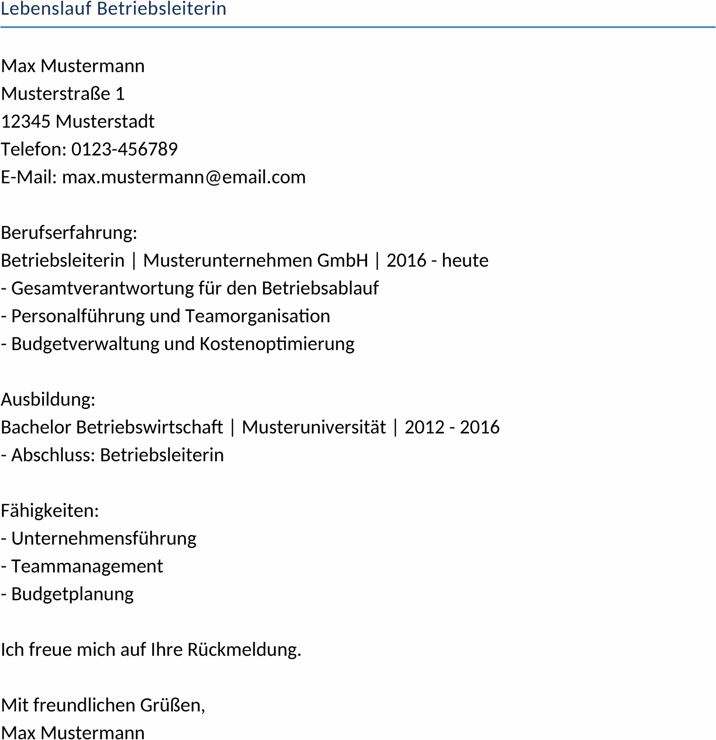 Lebenslauf-Word-Vorlage für Betriebsleiterinnen
