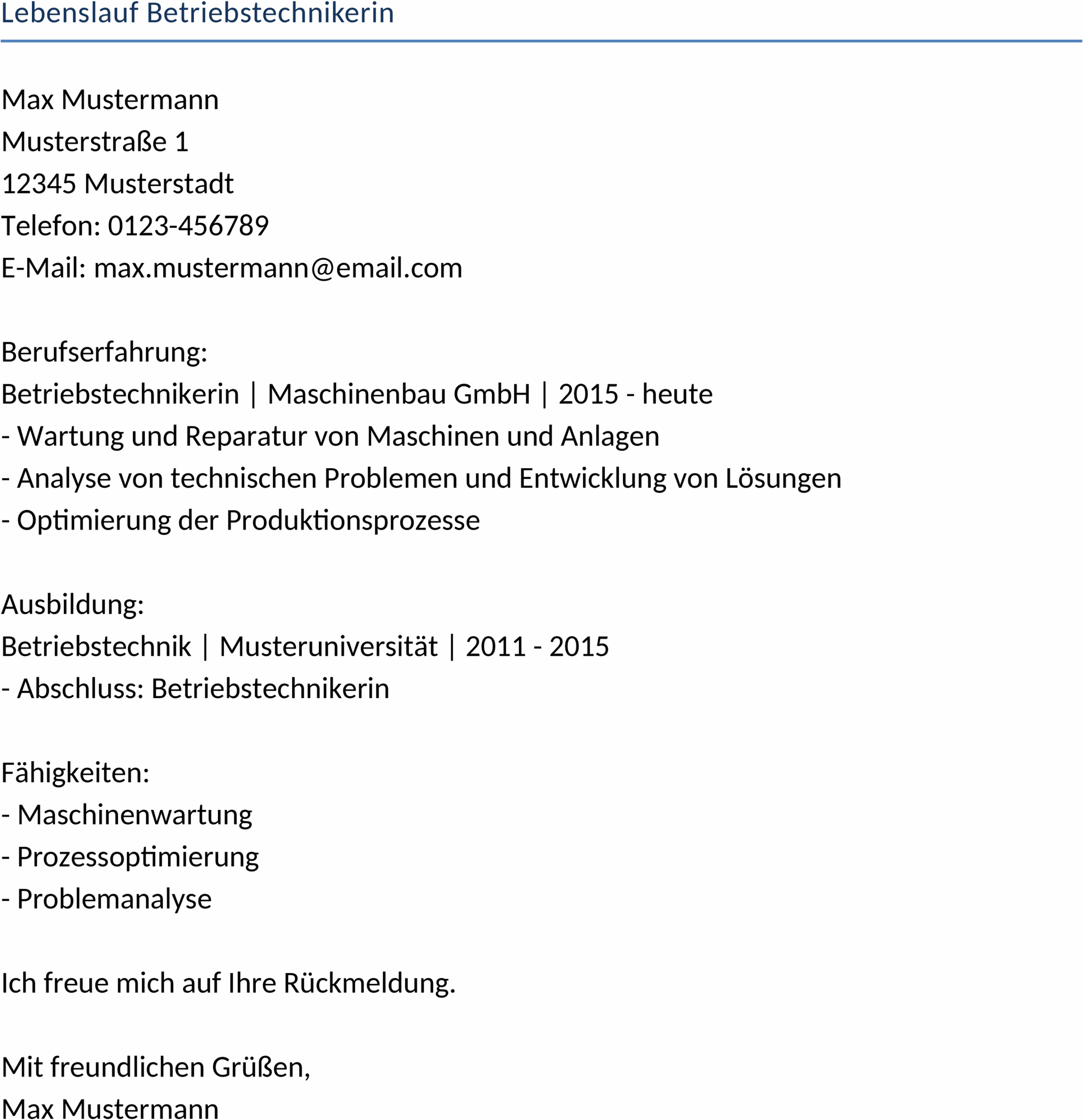 Lebenslauf Betriebstechnikerin Word-Datei