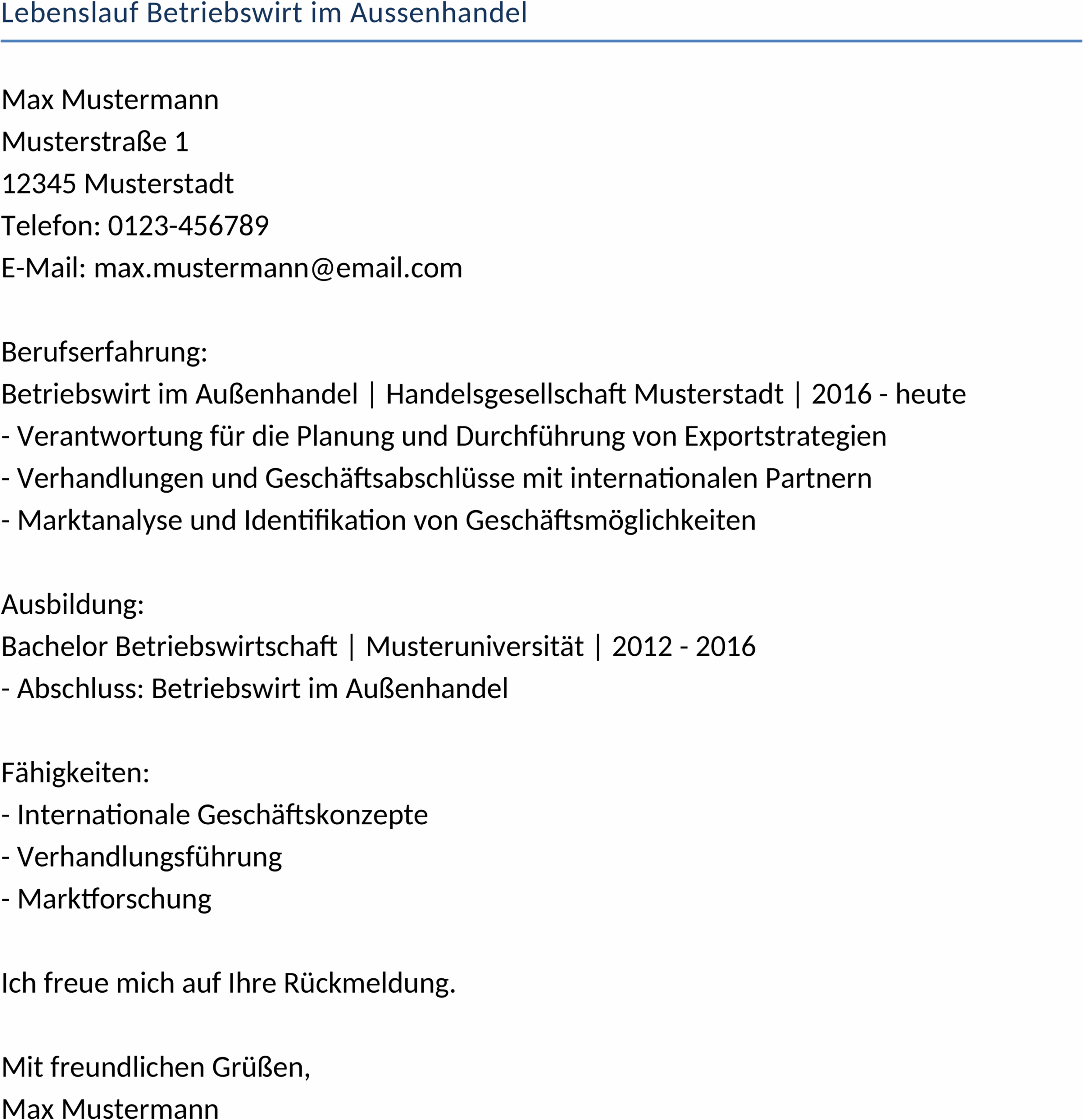Word Lebenslauf Betriebswirt im Aussenhandel Vorlage