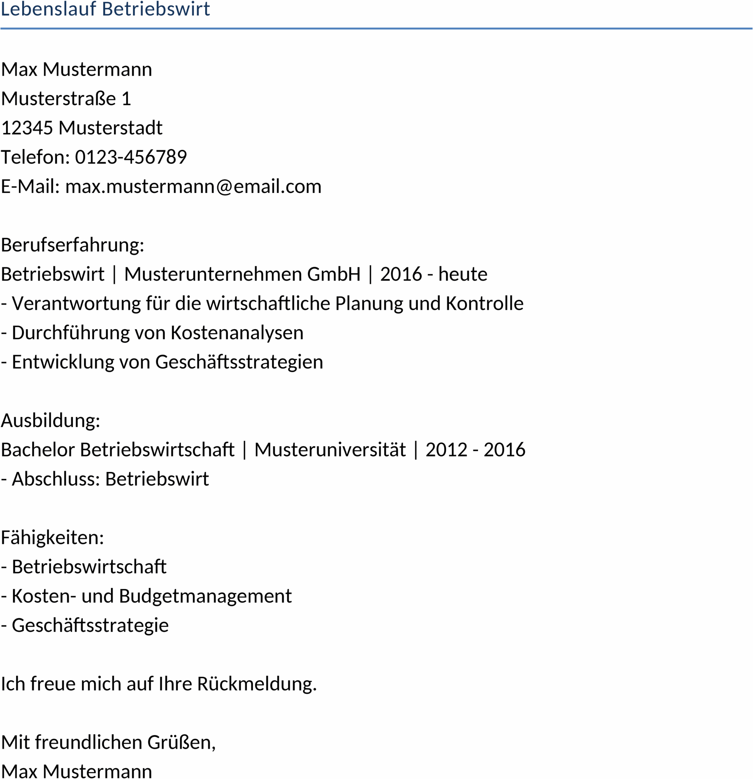 Lebenslauf Vorlage Betriebswirt