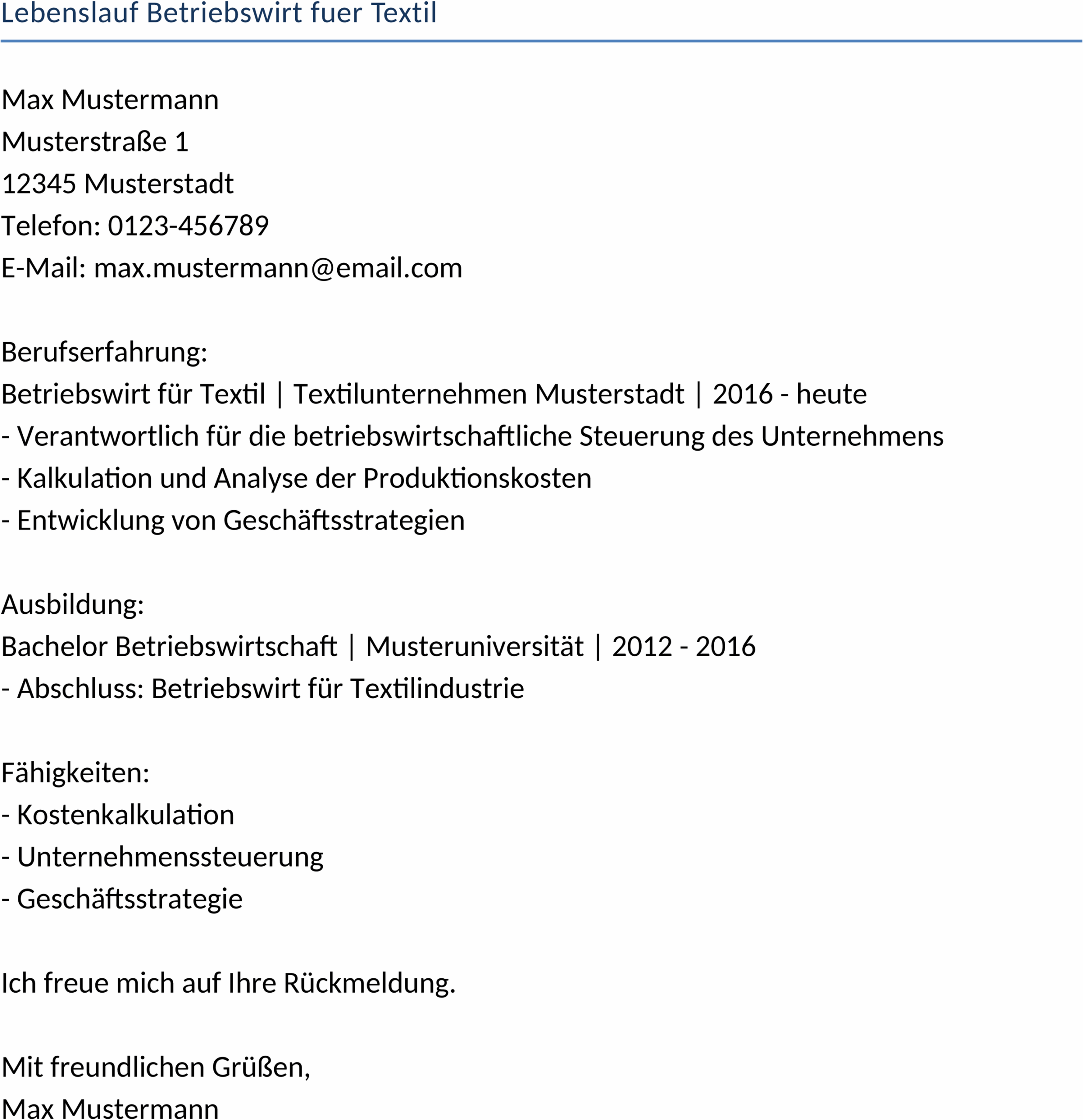 Word-Vorlage Lebenslauf Betriebswirt für Textil