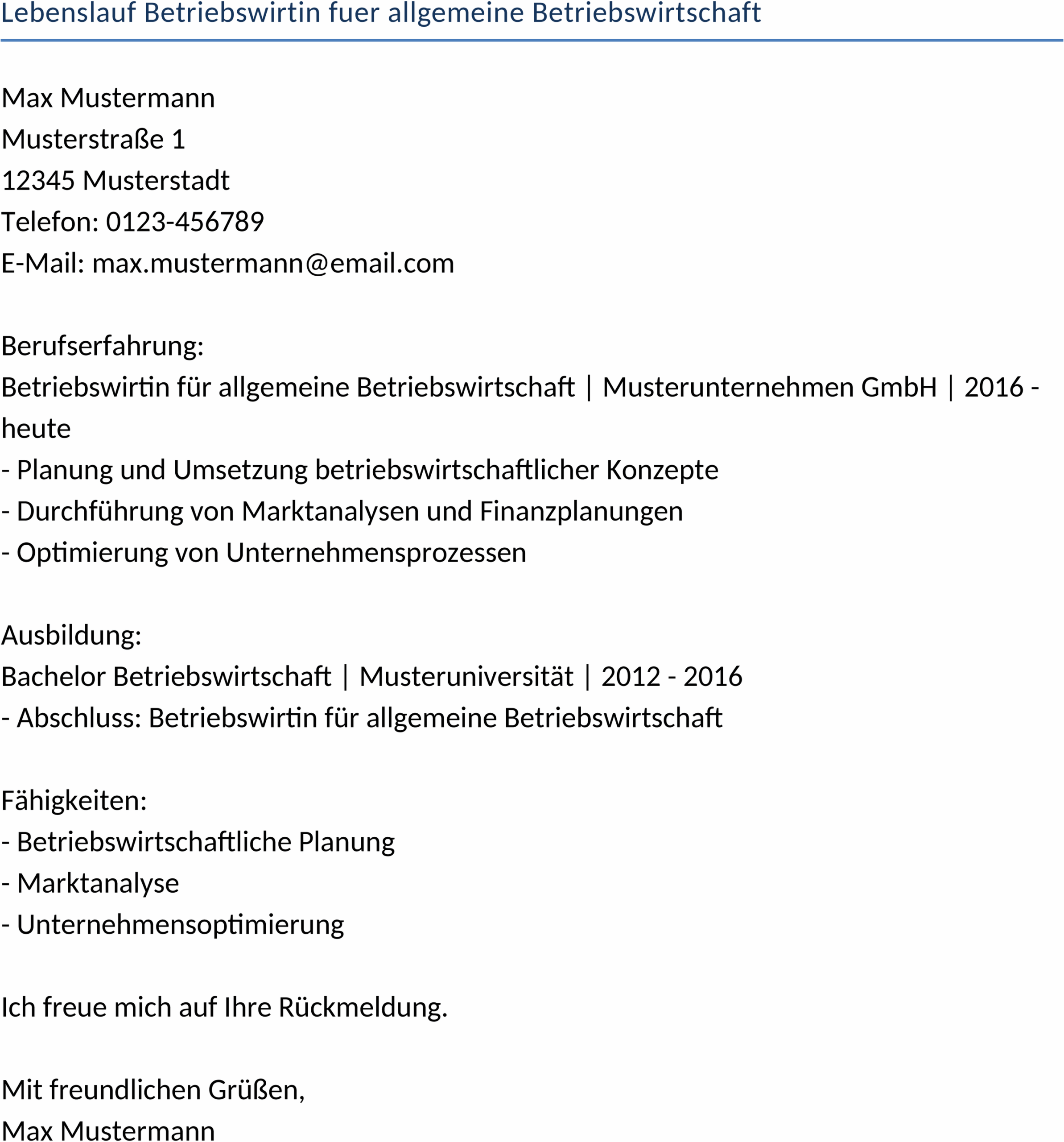 Lebenslauf Betriebswirtin für allgemeine Betriebswirtschaft