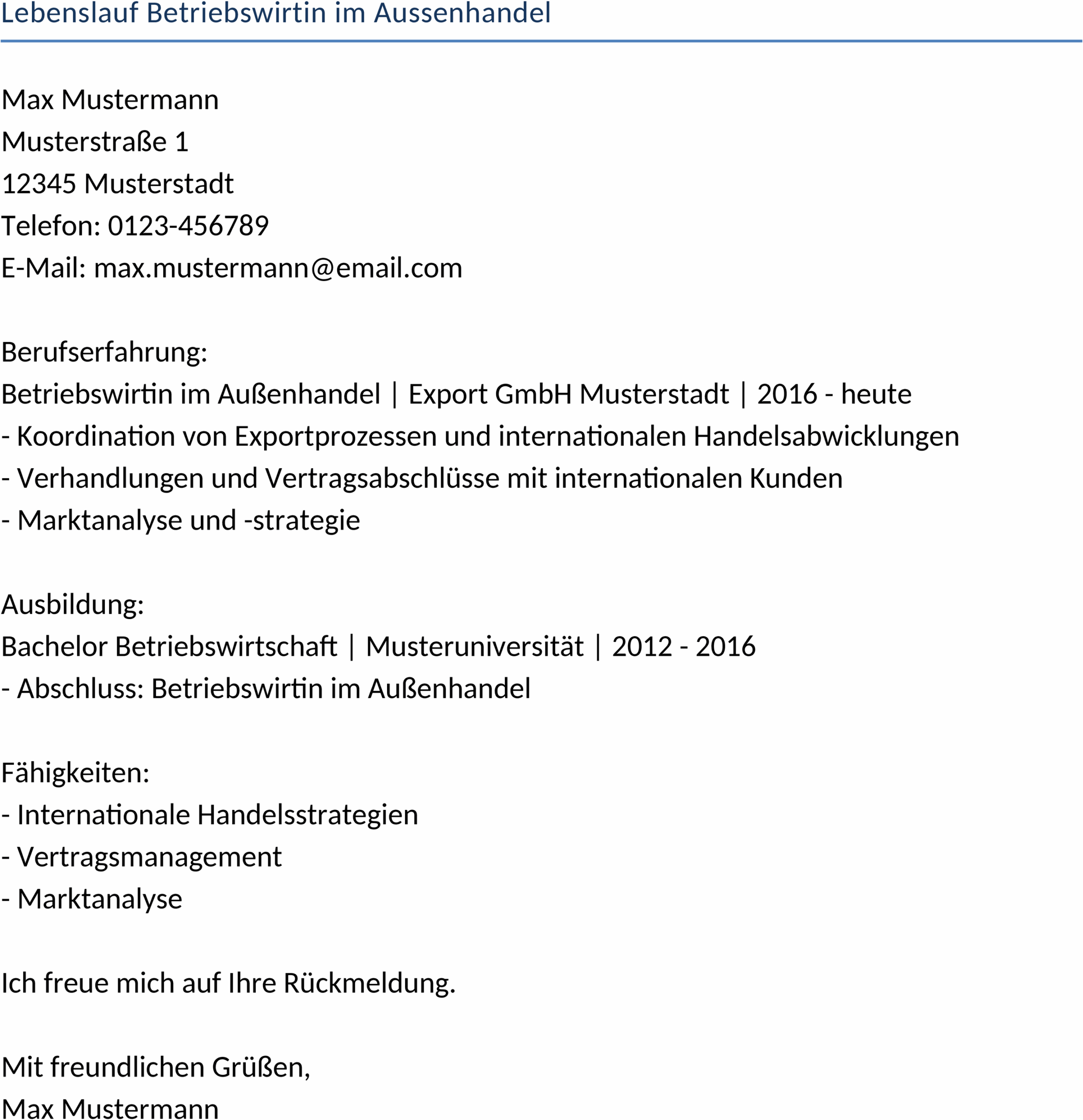Lebenslauf für Betriebswirtin im Außenhandel