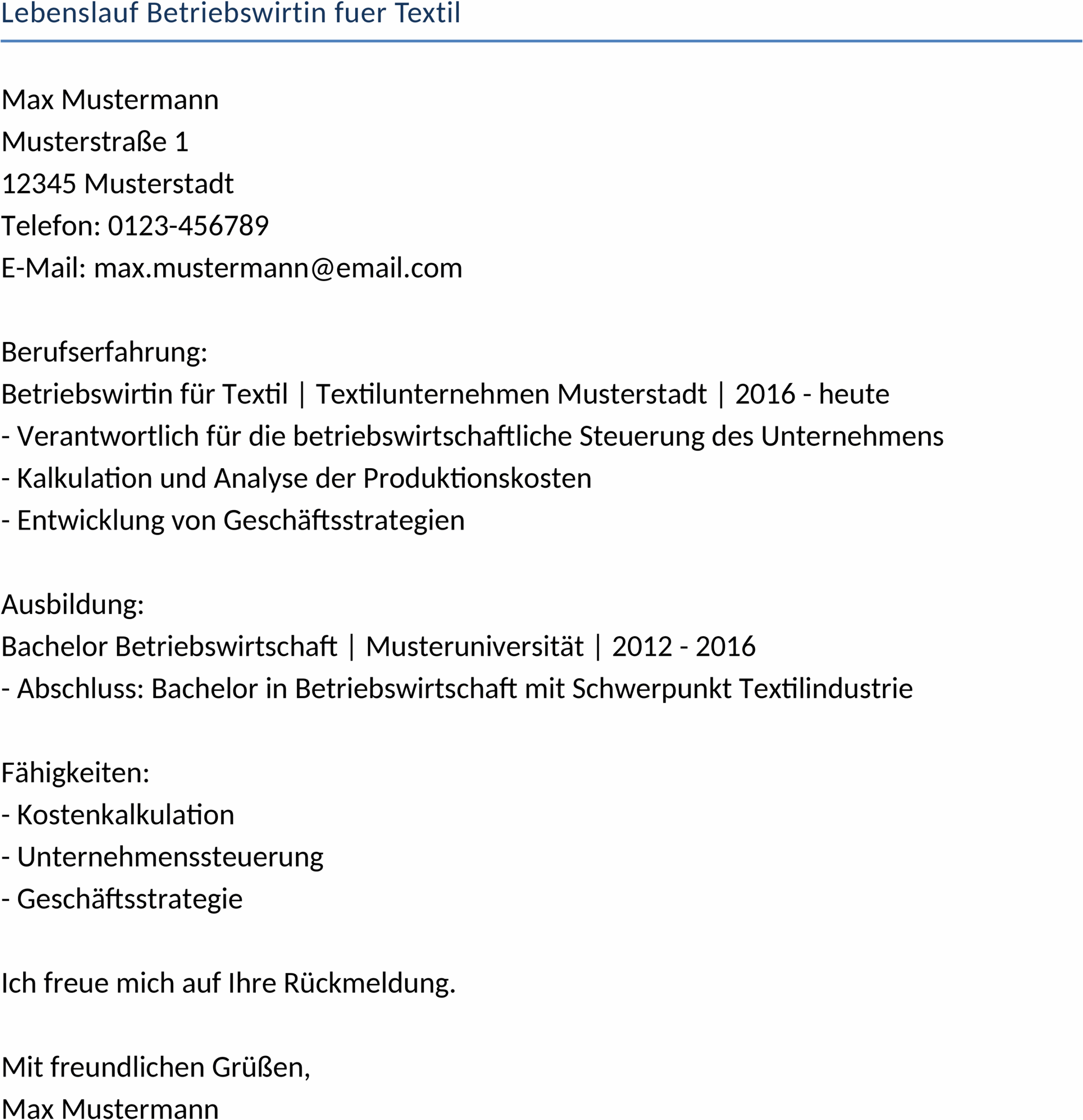 Word-Vorlage Lebenslauf Betriebswirtin Textil