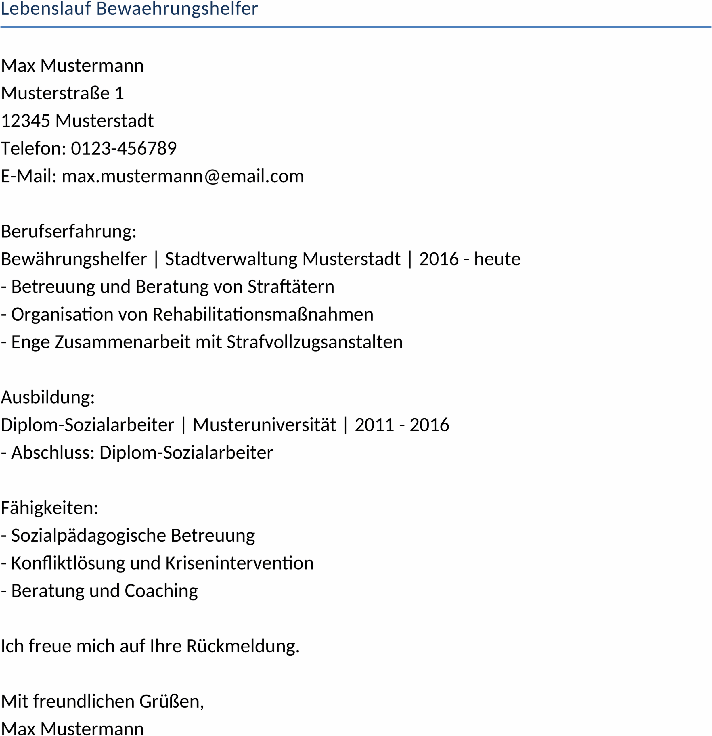 Word-Vorlage Lebenslauf Bewährungshelfer