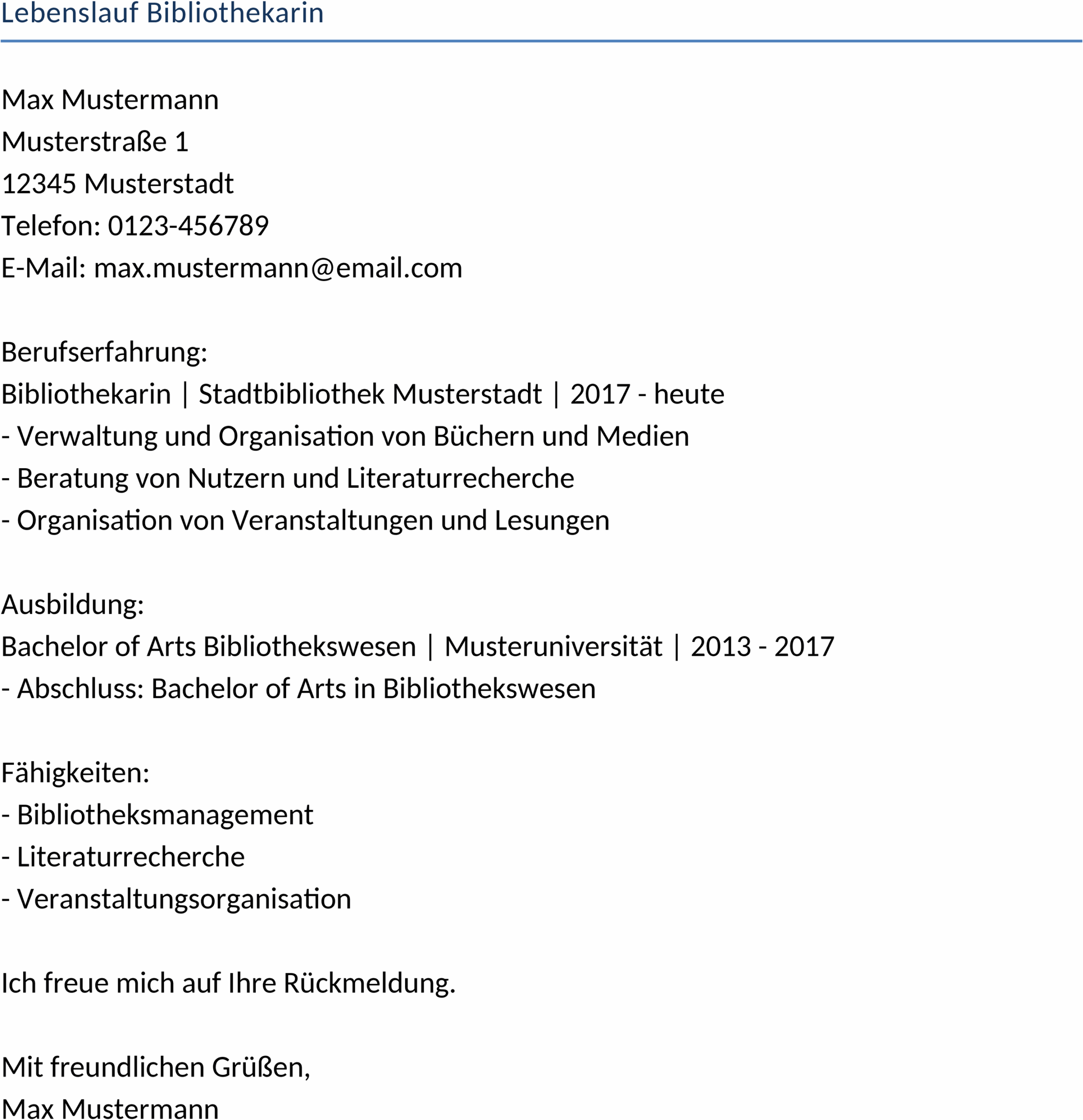 Lebenslaufvorlage für Bibliothekarinnen im DOCX-Format
