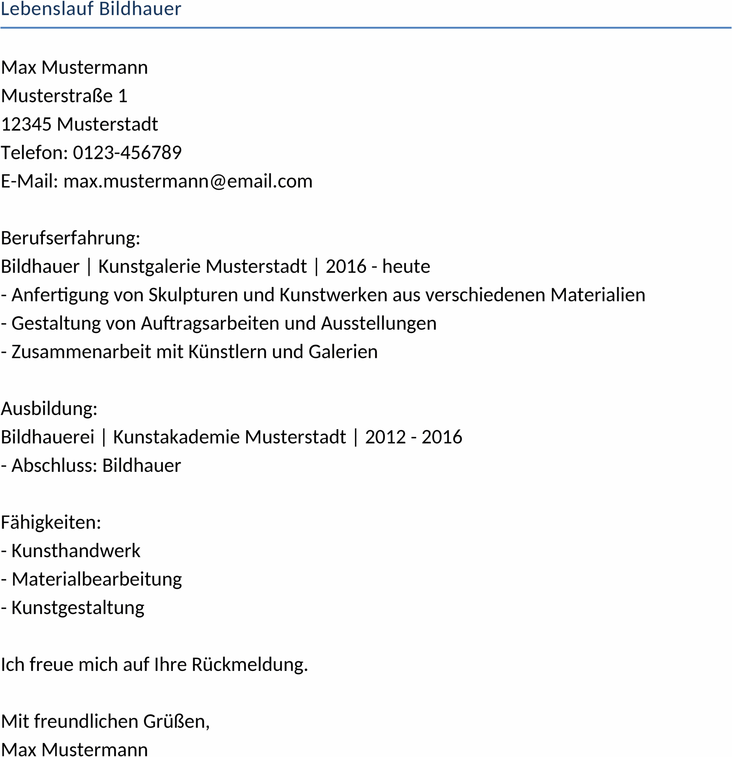 Lebenslauf Word-Vorlage Bildhauer