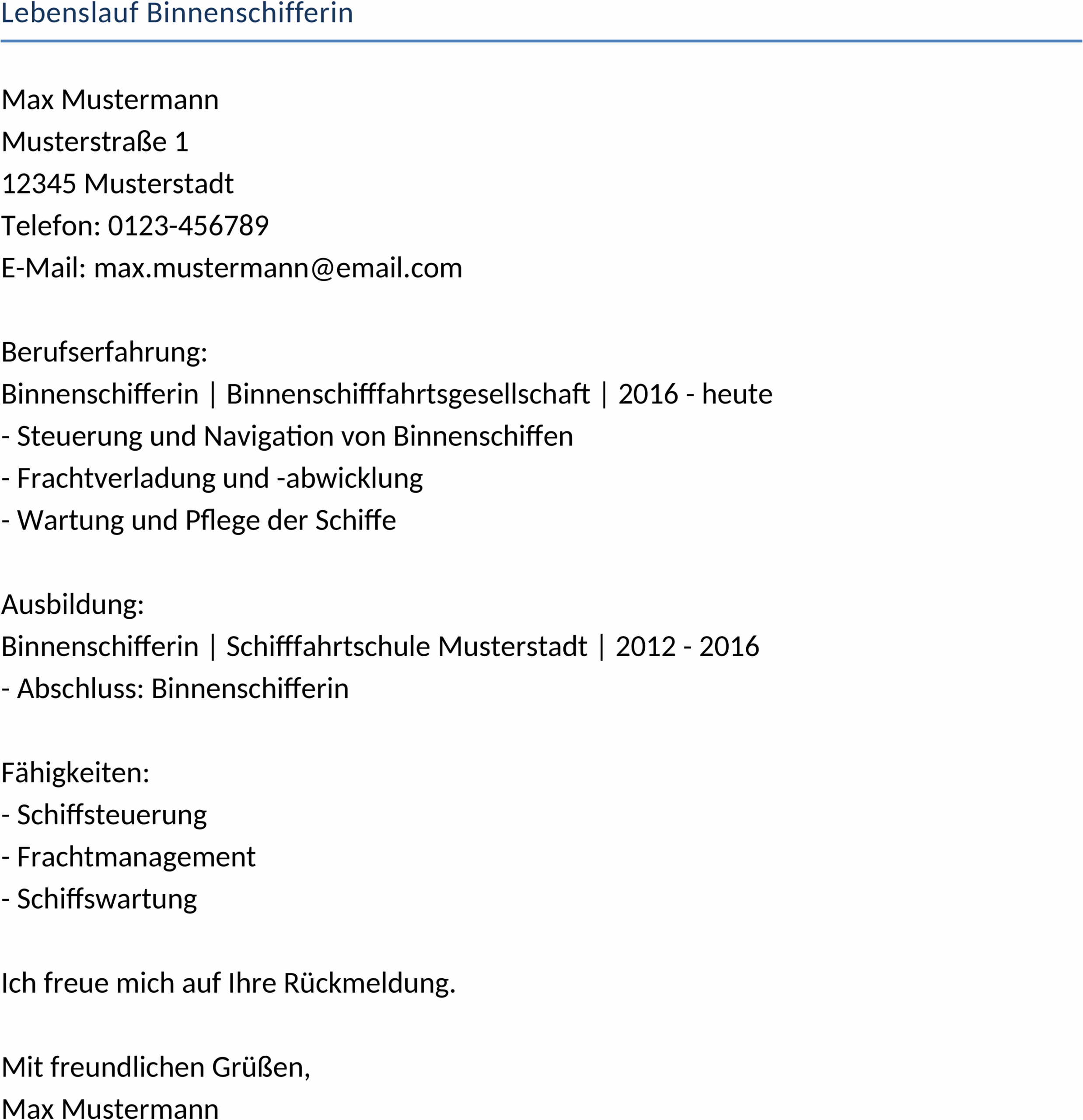 Lebenslauf für Binnenschifferin als Word-Datei